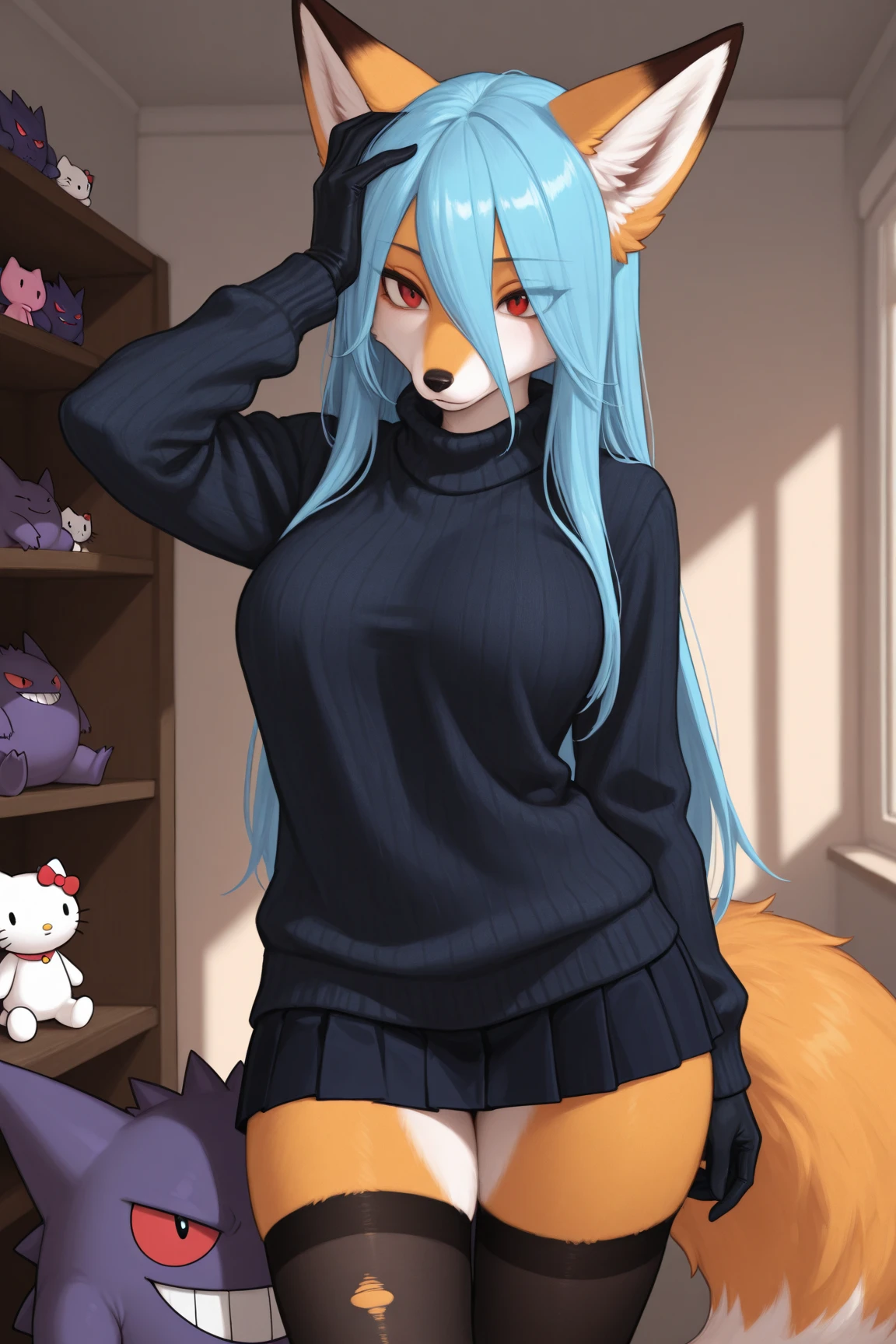 (Masterpiece) (High Detail) (High Res) A short humanoid girl with pale human skin and blue eyes and long blue hair and blue dog ears and a fluffy blue dog tail and average breasts. She is stood in the living room and is wearing only an oversized baggy blue sweater dress with a turtleneck. She looks shy and happy.