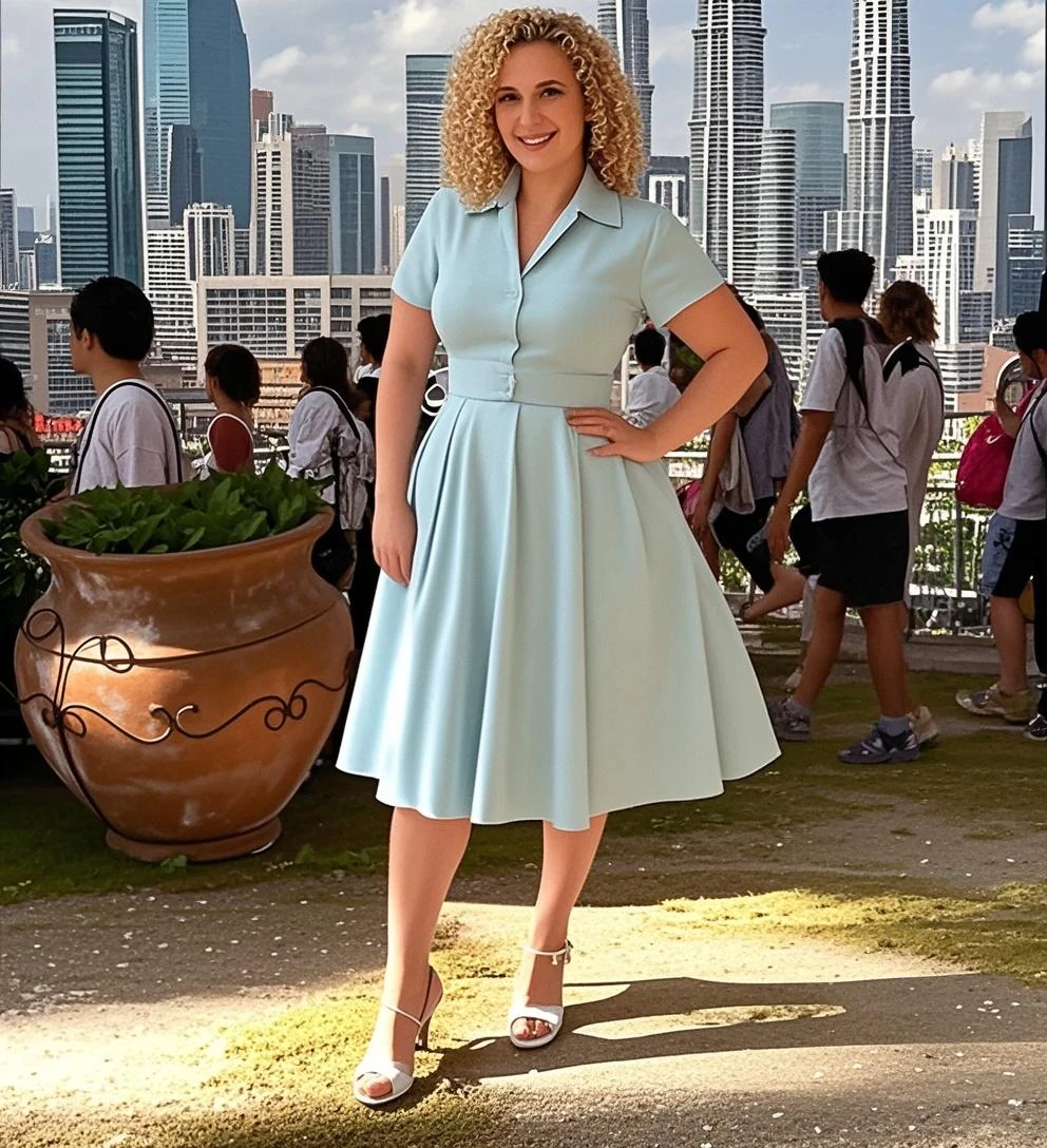Xyrele, 1girl, solo, 30 years old, (((French face))), (((French nose))), (((French lips))), ((((chubby)))), (((wide hips))), (((blonde hair))), ((crinkly medium hair)), medium long hair, wearing stylish palette trend modern wear and skirt, ((Background: overlooking Hyde Park - United Kingdom)), ((upper body and upper legs))