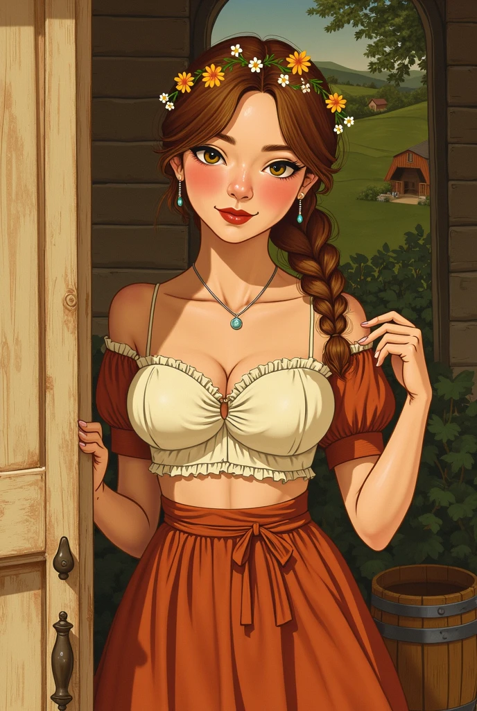 Luma is a elegant person, she is beautiful And have a strong posture, she has breasts that have a voluminous proportion, a pear feminine silhouette, Auburn hair, long Auburn hair, She has expressive eyes, ( Only eyes olive green) Her skin is fair and she has some light freckles on her cheek bones, busty, Farm, Brown rustic clothes, boho clothes, farm boho fashion clothes, romantic vibes, fire lights, fire sparkles, flowers clothes the hair to be half straight and half with curled ends cartoon