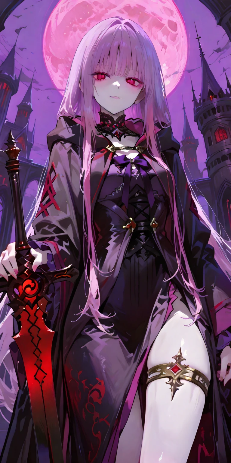 score_9, score_8_up, score_7_up, score_6_up, score_5_up, score_4_up, uncensored, sekhmet, magenta hair, magenta eyes, magenta lips, messy hair, very long hair, pale skin, BREAK (masterpiece:1.2), best quality, high resolution, (detailed eyes:1.3), perfect lighting, (perfect hands, perfect anatomy), HD, 1girl, weapon, sword, breasts,, solo, thighhighs, holding weapon, gloves, asymmetrical legwear, high heels, mismatched legwear, holding, holding sword, hand on own hip, aura, looking at viewer, full body, armor, dress, cleavage, standing, black gloves, black thighhighs, glowing weapon, closed mouth, glowing sword, shrug \(clothing\), tassel, japanese armor, blue fire, kusazuri, japanese clothes, black footwear, white thighhighs, electricity, in abandoned building,