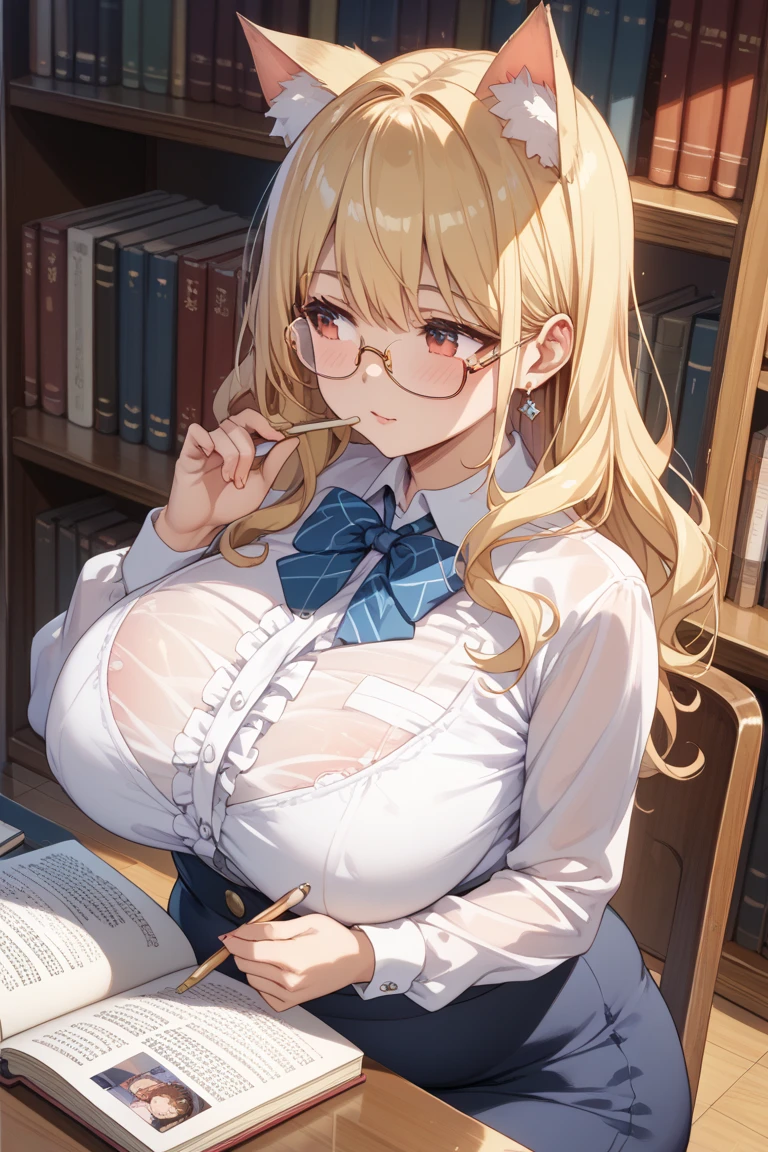 One girl, Anime illustration, detailed, beautiful, Anime Art, Anime Art, library、Librarian attire、Big Breasts、Long Hair, Blonde Hair, Bright Blue Eyes, , smile, A slight blush, Glasses, Open Hair, ,Ultra HD