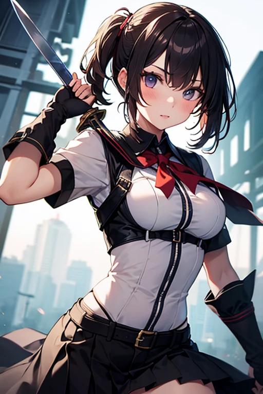 22 years old, (milf:1.0), cute breast, beautiful breasts,black suspenders,(Bulging ,small breasts:1.3),(long Black miniskirt:1.3),garters,Gaze,Small face,bangss,holster,gun Belt Armament holder,Beautuful Women, thin waist, big ass:1.0, Raised sexy, (dark bronde mediumlong hair,side ponytail,hair between eyes,bangs, dark blue eyes, light smile, Revimpling fabric, earrings, Hand gloves, detailed face,detailed and beautiful eyes,beautiful detailed lips,(ultra high resolution, 8K RAW photo, photo realistics, thin outline:1.3, clear focus), best qualtiy, natural lighting, textile shading, field depth (Bright pupils, fine detailed beautiful eyes with highlight:1.3, high detailed face), Red lip, fine realistic skins:1.1, looking down viewers:1.3, (dynamic angle:1.3, front view:0.8, breast focus:1.3, from below:1.2), (dynamic posing:1.5, sexy posing:1.2, leaning forward),Youghal, side lock, hair ornaments, hair band,nice,garden background,artistic rendering,Super detailed,(highest quality,(with sparkling eyes and a contagious smile),her thin pubic hair, looking at viewer,
