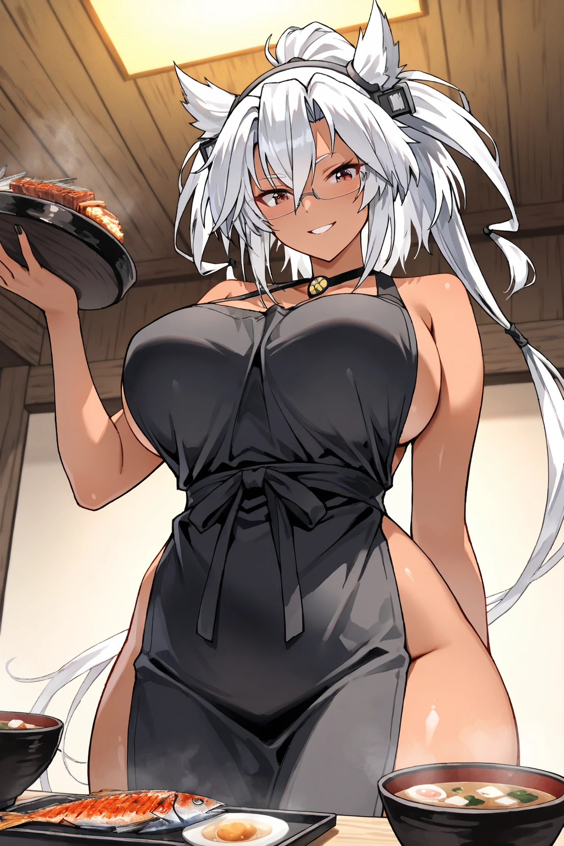 (Best Quality, Masterpiece),sexy mommy, Front cover of a women's cooking magazine, erotic, 18+, nsfw, 1girl, 30 years old, stunning, cute, smile, hourglass figure, Maid costume, beautiful food, text, diagrams, advertisements, magazine title, long white hair,brown detailed sparkling eyes,One strand of hair hangs down over his forehead