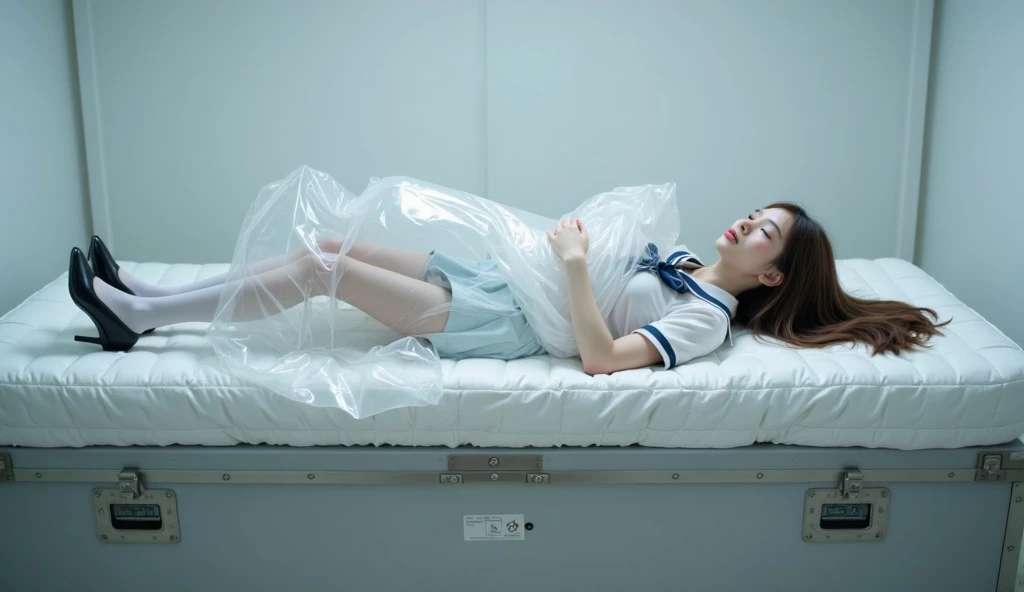 Beautifully dead Korean teenager in morgue prepped for autopsy, tight short sleeve top, large breasts, long hair, short skater skirt, masterpiece, full body, eyes closed, laying down on an embalming table with a sink and spray hose,