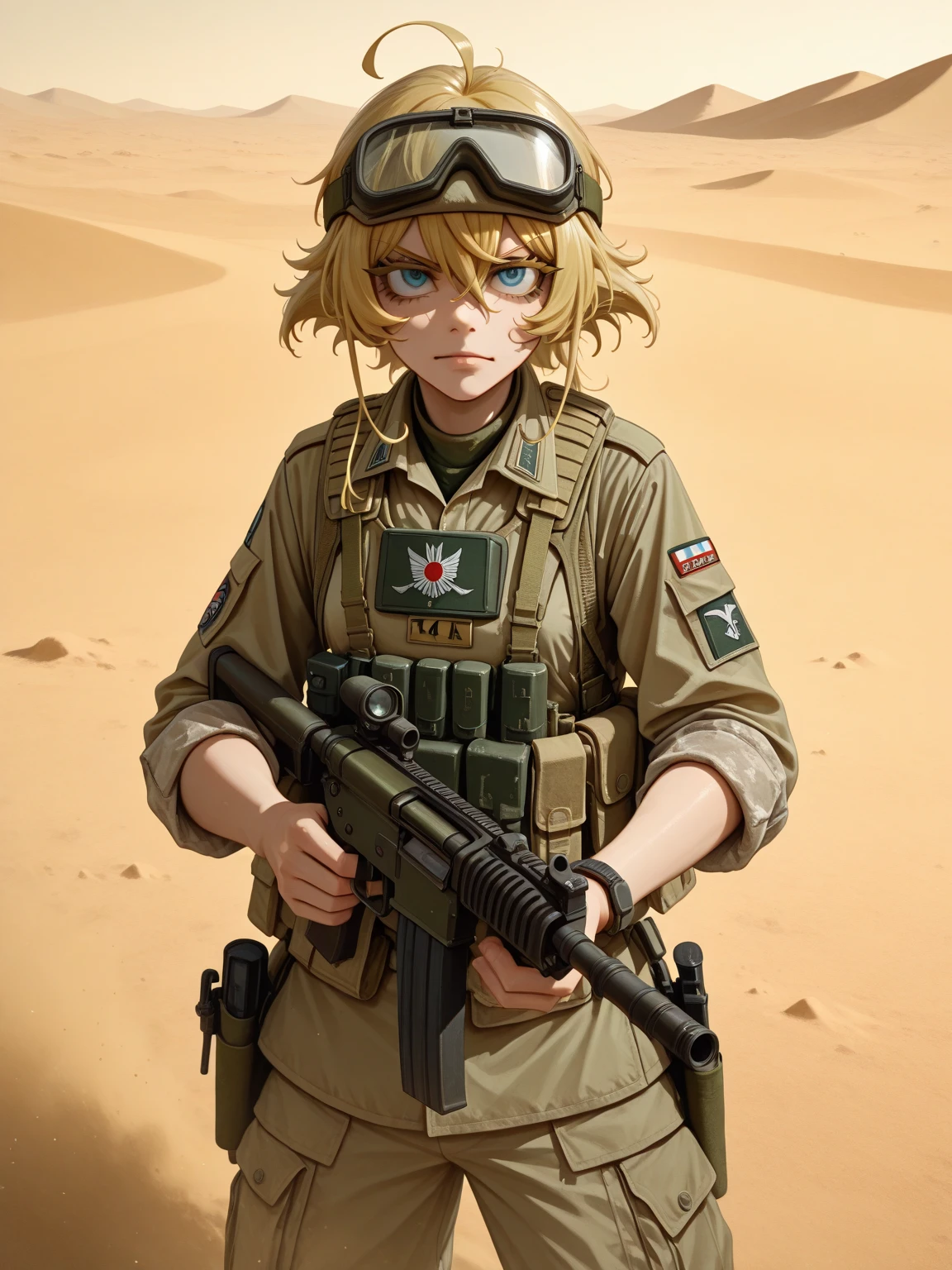 Emma Watson, blonde hair, soldier, fierce look, army desert fatigues, plain khaki tshirt, plain khaki trousers, multicam, sat at campfire cleaning rifle, nightime, stars, silhouettes of others behind, desert, bushes