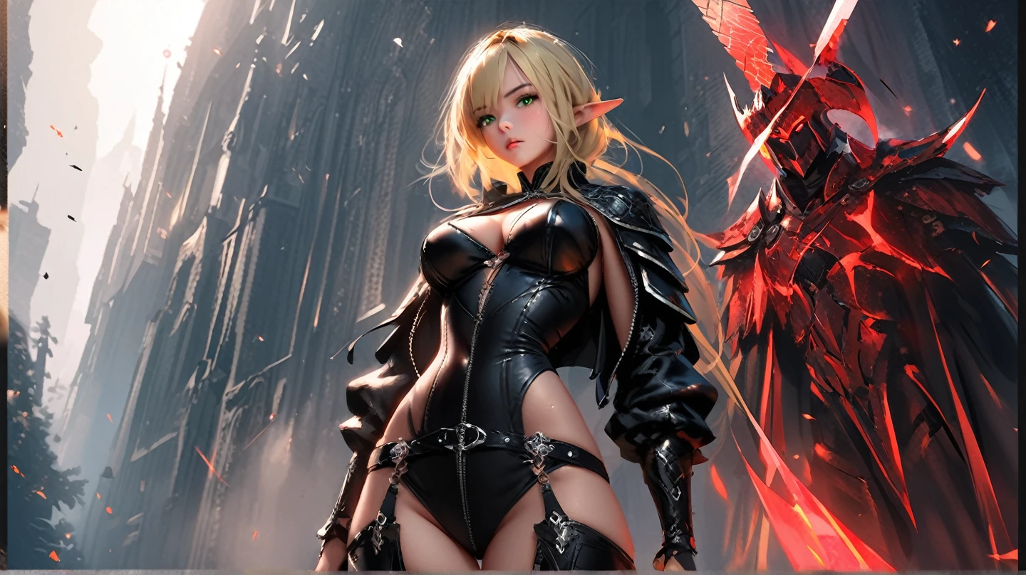 queen power armor , (gothic style), full body view , bellybutton, The most beautiful and sexy demon goddess, long white hair, glowing red eyes, wearing detailed black gothic battle armor, black angel wings, tattoos and piercings, gothic castle, perfect masterpiece, high quality, high resolution