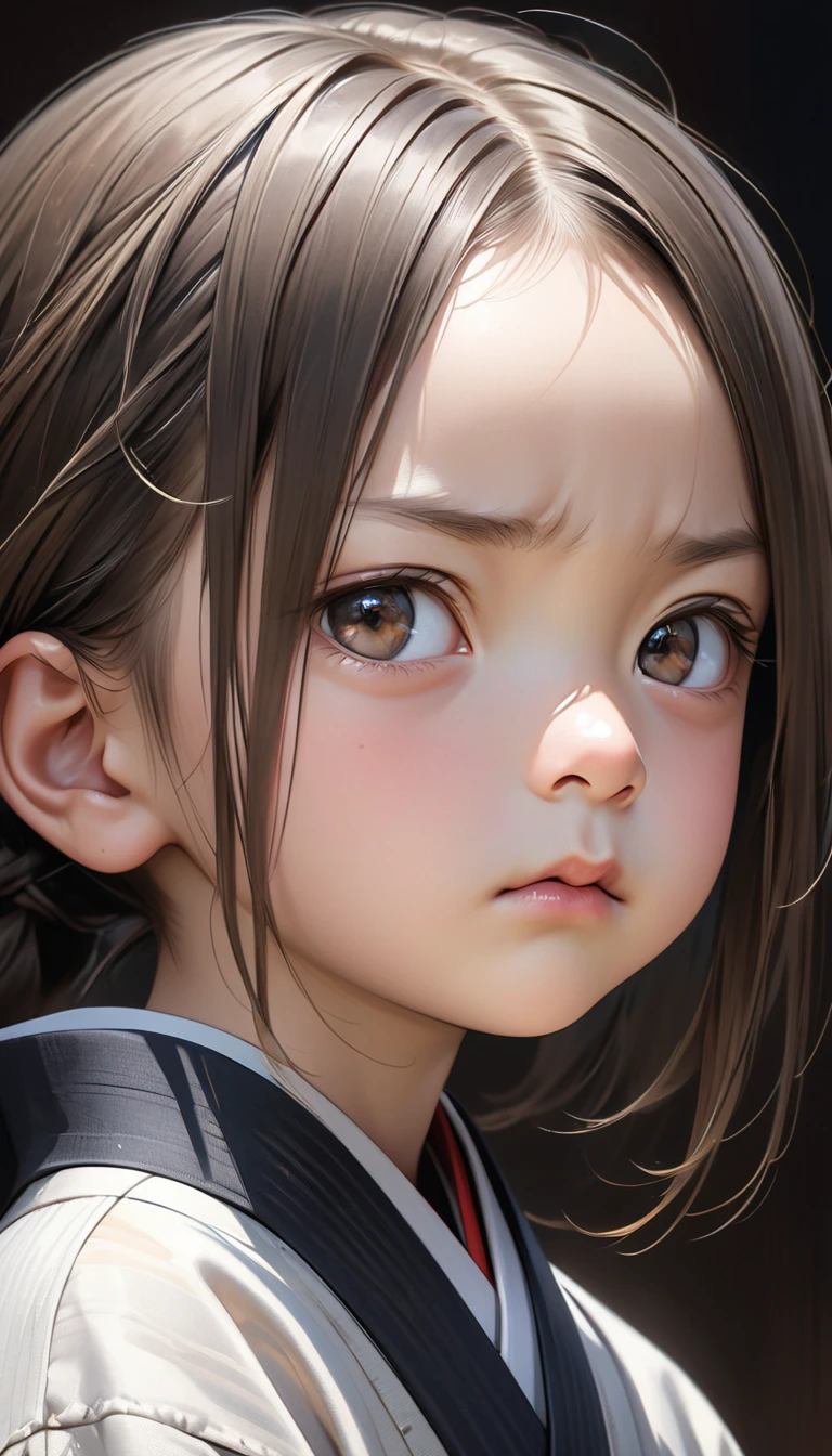 Small , with long brown hair, fights with a tiny stick, against a giant red dragon