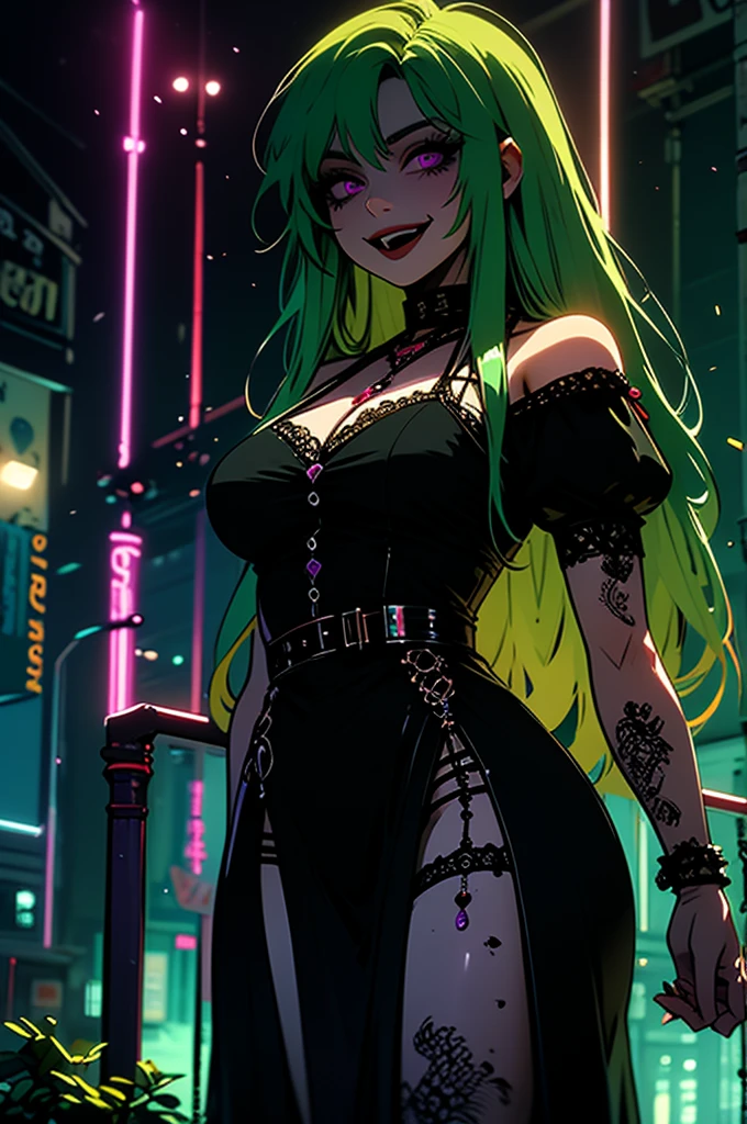 goth, excited, pale skin, smoky eyes, vivid colors, wild hairstyle, lime green hair, green lips, street at night, body view, shirtless, womb tattoo, heart tattoo, mesh dress