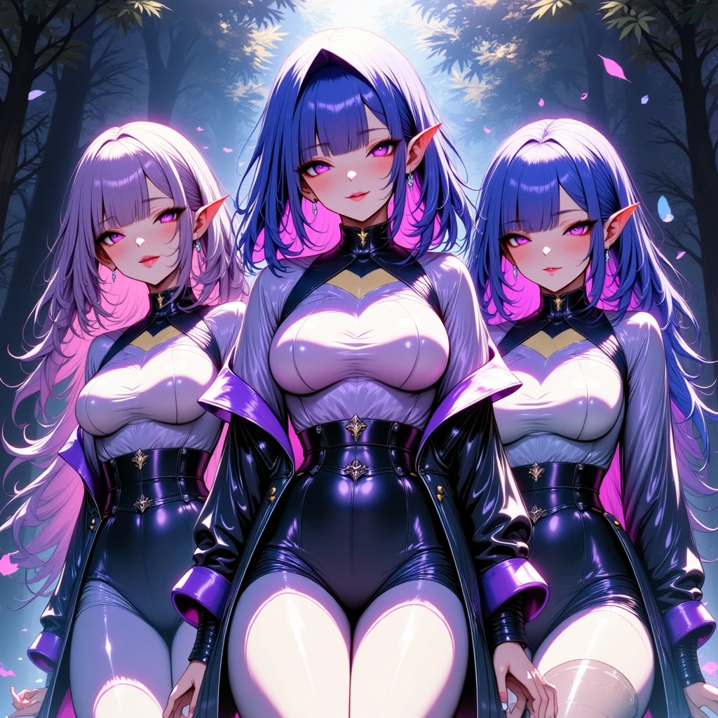 Masterpiece, 4girls, each dressed as a maid. The maids are wearing identical uniforms, beauty and cute, high detailed, dinamic lighting, vivid colours, big breasts, massive cleavage exposed, A giant spacecraft navigating interstellar space, Sophisticated design, huge geometric figures stacked in layers,standing, white skin, blue eyeballs, blonde hair, happys, various hair styles, harem, perfect eye, perfect face, Symmetrical eyes, well-aligned, with a natural and proportionate gaze, Observing their master with a servile gaze, elfs, In the background are spaceships, red lips