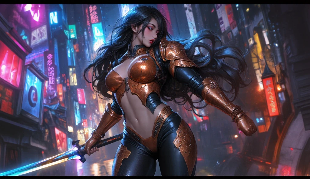 ((((Massive, beautiful, buff, muscular light brown skinned female samurai with black hair, black lipstick, ginormous bulky muscles, holding a black fire sword and wearing an all black cyber samurai armor with pants)))), {close view}, black eyeliner, massive muscles, large breast, massive biceps, hyper muscle triceps, (long straight hair), orange eyes, samurai boots, In a futuristic city, sleeveless, steel samurai armor, nighttime, closed smile, hyper muscles arms, hyper muscle legs, ginormous arms