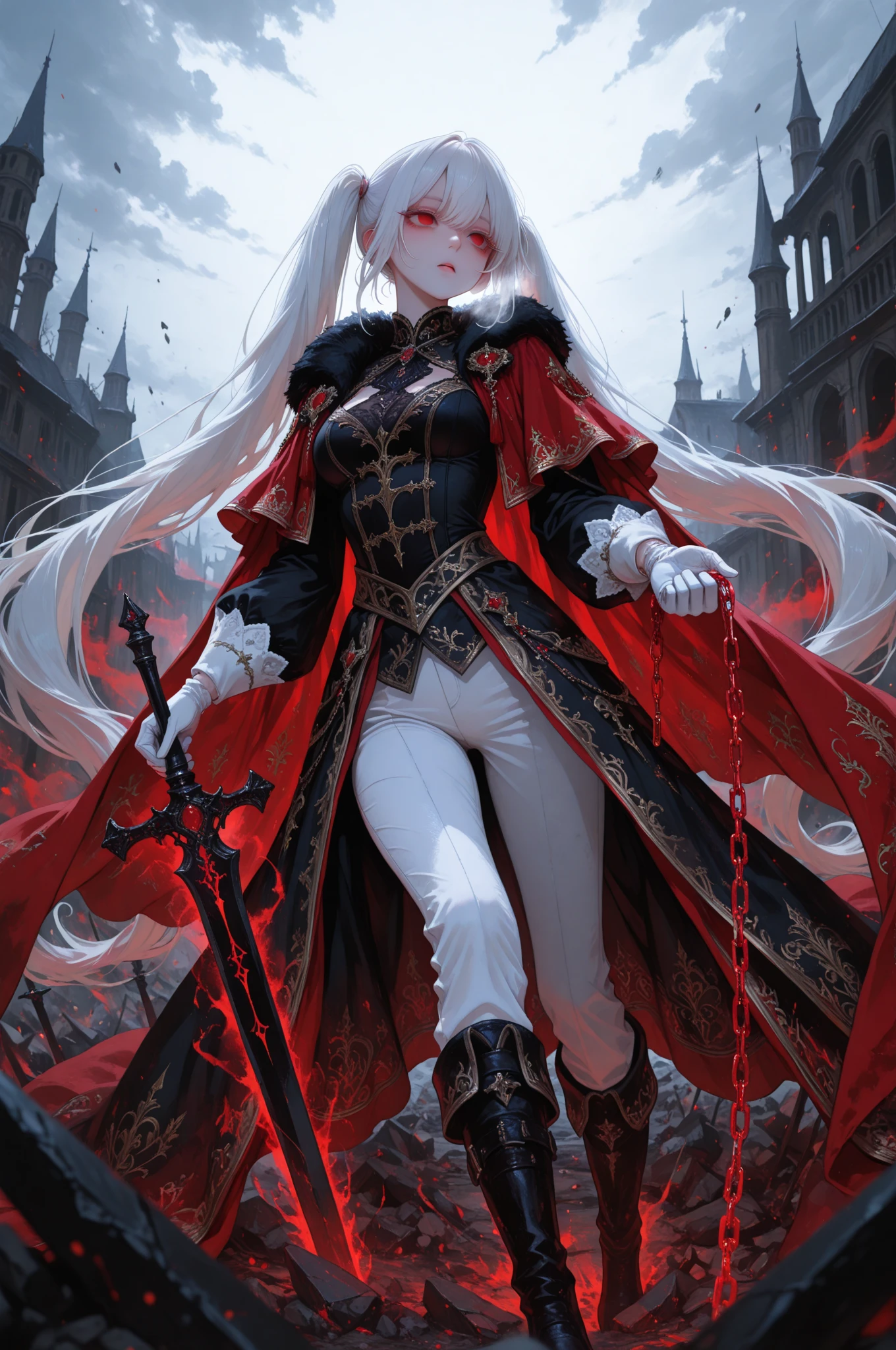 masterpiece, best quality, amazing quality, absurdres, 8k, exquisite details, very detailed, illustration, newest, delicate skin texture, detailed eyelashes, digital painting style, dreamy atmosphere, slight glow, soft lighting, korean art, 748cmstyle, 1girl, aegyo sal, very long eyelashes, empty eyes, glossy eyes, red eyes, white hair, very long hair, twintails, medium breasts, cold, cool, nonchalant, royal clothes, male fantasy clothes, fantasy fashion, intricate clothes, intricate accessories, intricate ornaments, intricate patterns, cool, stylish, elegant, black top, white pants, black boots, white gloves, solo, dynamic shot, dynamic view, dynamic composition, dynamic action pose, motion lines, foreshortening, holding weapon, black long sword, holding chains, red aura, evil energy, outdoors, battlefield, dark fantasy, blood, magic, debris, blurry foreground