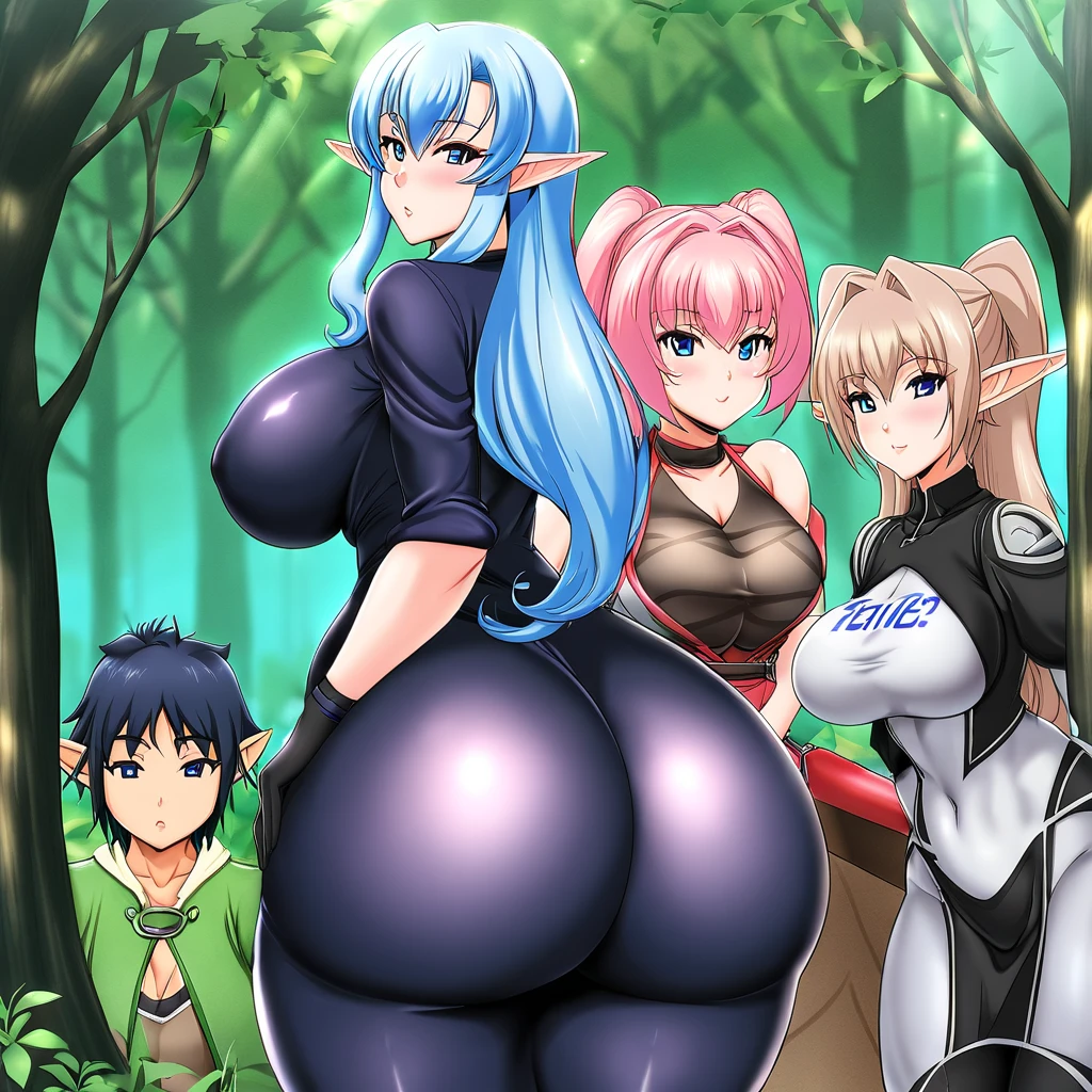 mother and daughter (mother: wide hips, elf pointy ears, full body, standing, revealing gloves, curvy, chubby, huge breasts, bikini armor, blonde hair, ponytail hairstyle) (daughter: shortstack, small girl, wide hips, elf pointy ears, full body, chubby, standing, revealing gloves, black hair, bob cut hairstyle, bikini armor)