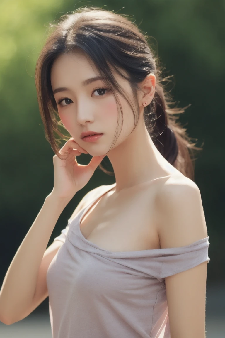 ((photorealistic lighting, Top  Quality, 8K, ​masterpiece: 1.3)), Clear Focus: 1.2, 1人の女性, Perfect Body Beauty: 1.4, Slim Abs: 1.1, ((Dark-brown hair, larger: 1.3)), (Accelerate: 1.4), (plein air, natta: 1.1), seaside, Ultra Slender Face, Fair eyes, Double eyelidd, Exposed valley absurdity, Unbelievably absurd, Messy hair, Floating head,Looking Back,比基尼,