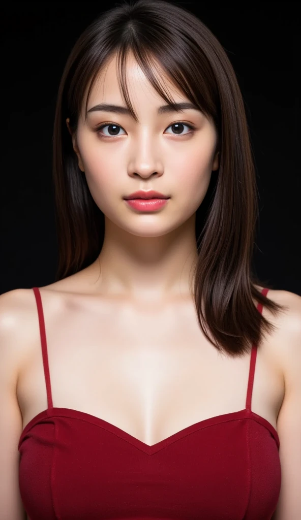 Masterpiece, (((portrait))), ((1 girl solo)), (one beautiful (japanese: 0.6)-(Spanish: 0.4) girl (looking at camera)), 20 years old, breathtaking beauty, natural beauty, perfect face, beautiful brown eyes, detailed eyes, soft lips, (long raven-black hair: 1.5), (tall figure:1.5), (athletic body), wearing a sexy (red sports bra), ((small breasts: 0.5)), cleavage, ((small and beautiful hard nipple)), pearl skin, (skin pores:1.2), extremely detailed face and skin texture, (skin texture:1.1), beautiful long legs, standing pose, extremely detailed and realistic red clothes, sharp focus, cinematic lighting, 8k uhd, best quality, ultra high res, Prefessional Photography, RAW photo, (depth of field), dynamic composition, rich colors, lifelike texture,