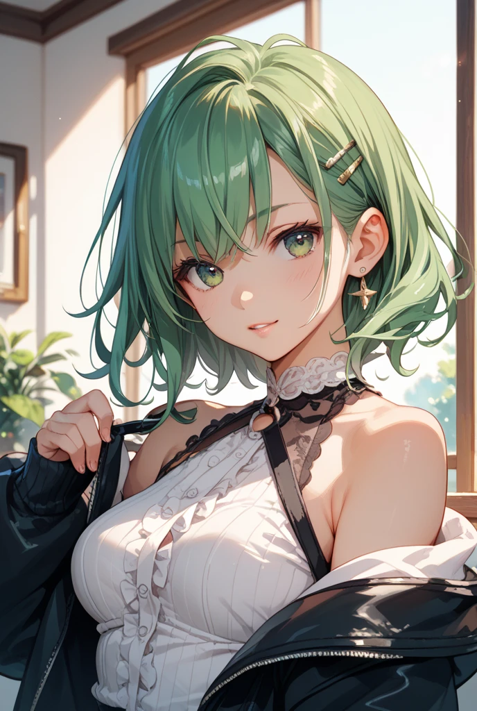 1girl, rating:safe, striped, green_eyes, solo, vertical_stripes, open_mouth, looking_at_viewer, striped_background, smile, green_hair, upper_body, collarbone, eyebrows_visible_through_hair, bare_shoulders, white_background, blush, :d, short_hair, hair_between_eyes, bangs, off_shoulder, shiny, gumi, shiny_hair, hair_ornament, cleavage