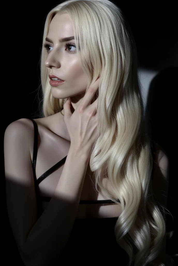 blond woman with long hair combing her hair in front of a mirror, long platinum hair, extremely long thick blond hair, long white hair, detailed white long hair, back and white, long blonde hair, long flowing white hair, very long white hair, white long hair, platinum blonde long hair, long straight blonde hair, long blond hair, beautiful long white hair