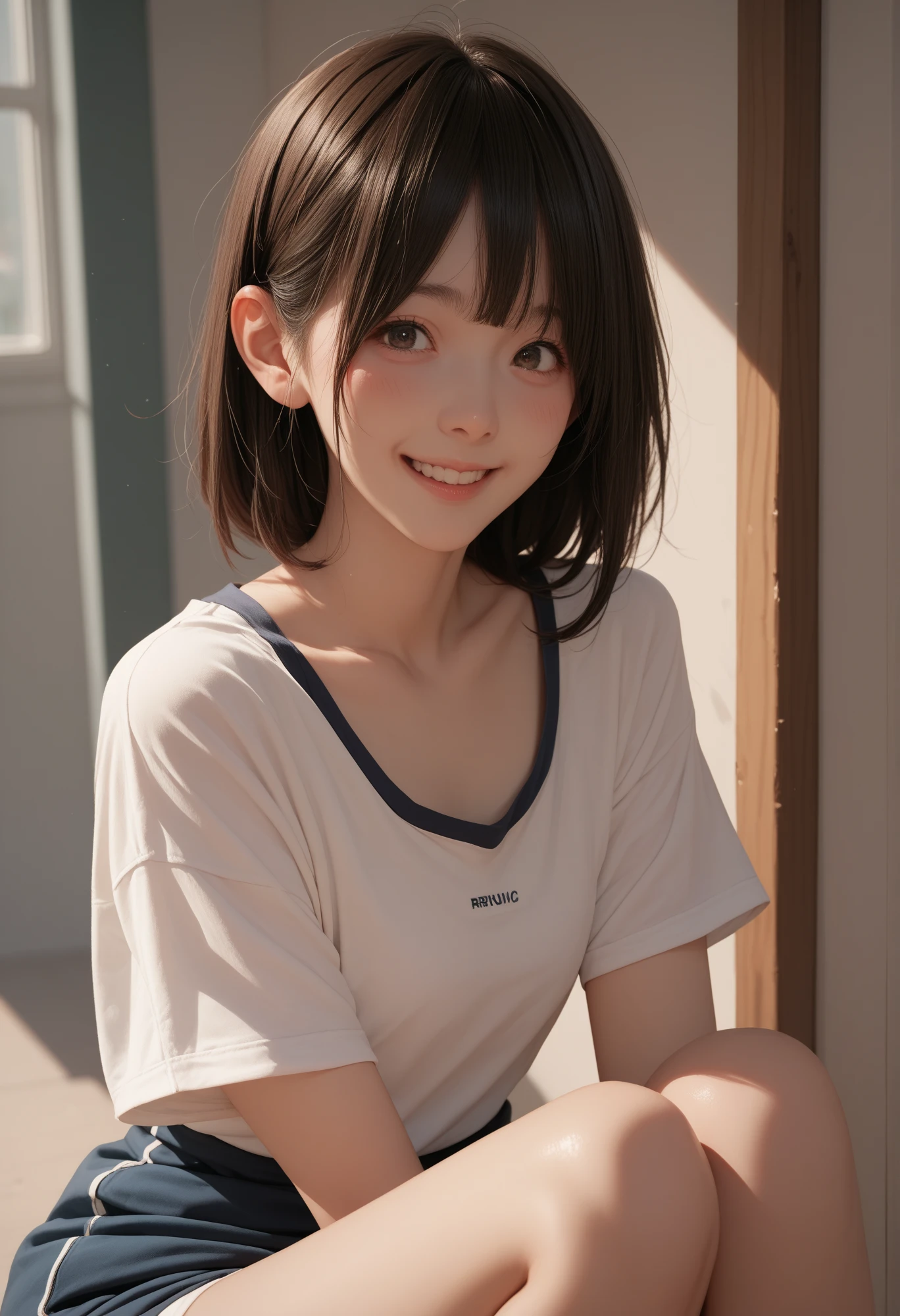 masterpiece , Highest quality , detailed, T-Shirts , (Kneel) , Show your hand , Underarm , Japanese , smile , whole body , room , indoor