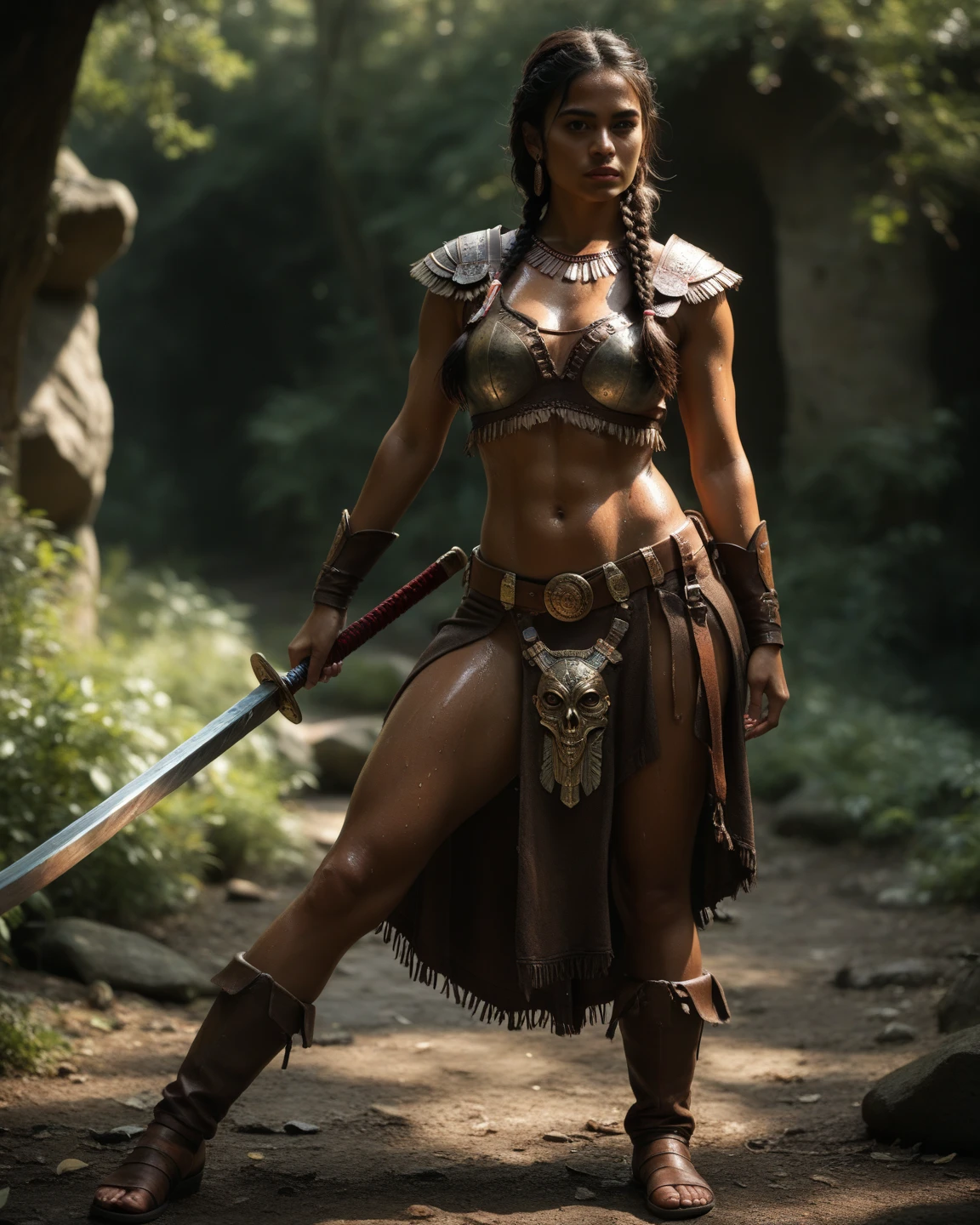 Mulher, corpo musculoso, armadura medieval, cabelo vermelho, segurando espada e escudo.
