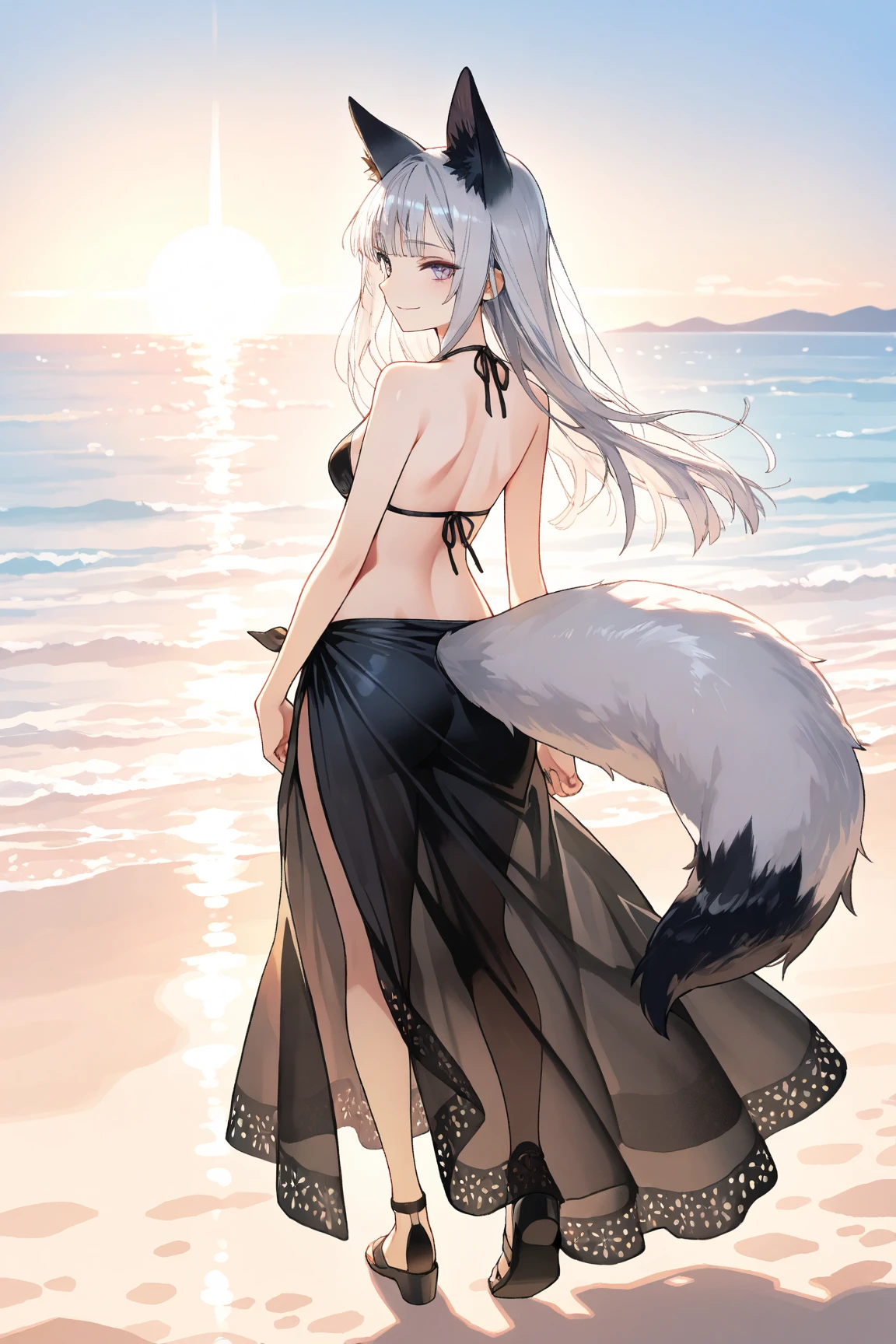Solo, By fumiko, by hyattlen, by hioshiru, an all white wolf girl, purple eyes, white wolf ears, white wolf tail, cute snout, black nose, long white hair, top knot hair, wearing elegant one piece bikini, exposed tummy, lacy swimwear, wearing a thin see through black beach kimono, walking, 