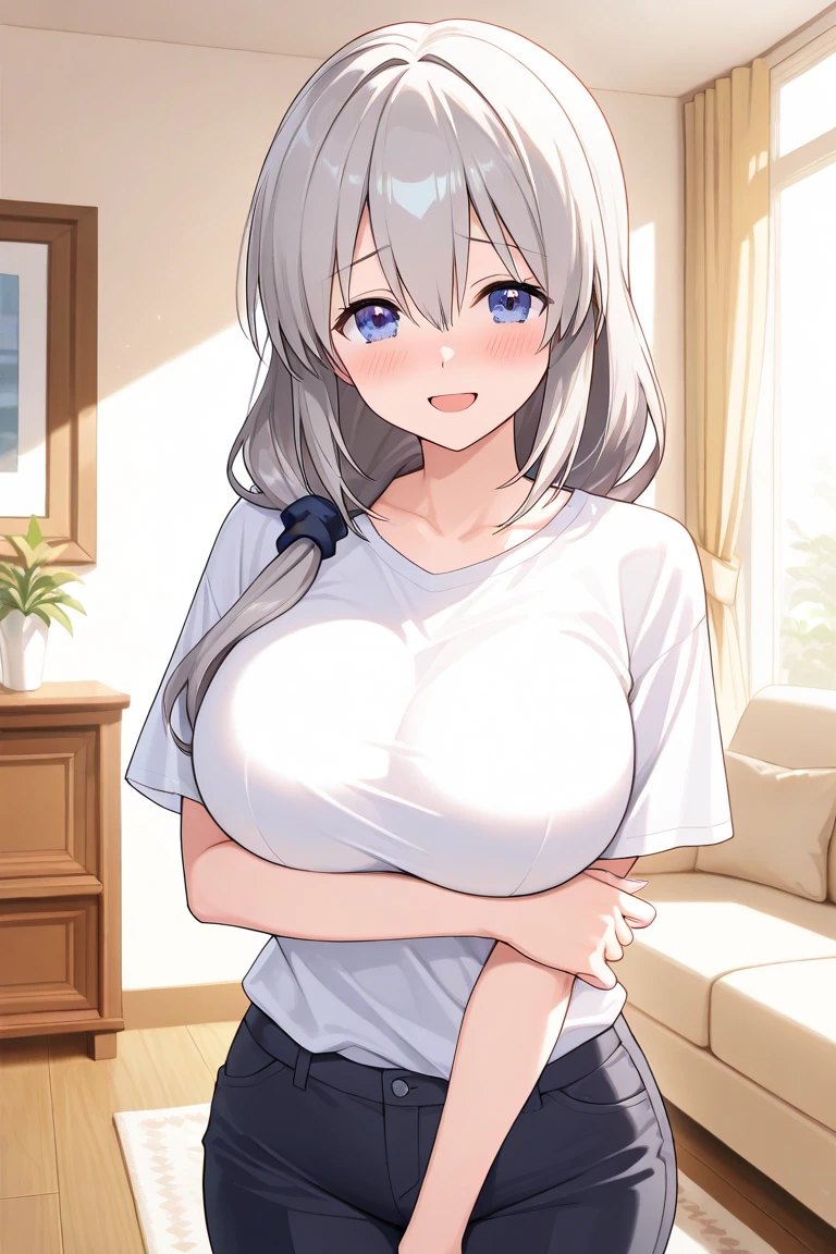 masterpiece, 1girl, solo, large breast, kneeling, from above,
looking at viewer, pov, front view, night, (uzaki tsuki:1.2), narrow eyes, eyes closed, troubled face, closed mouth,
shirt, raglan sleeves, White T-shirt Stained With Sticky Liquid, Semen In Mouth, long sleeves, denim shorts, pantyhose, fang