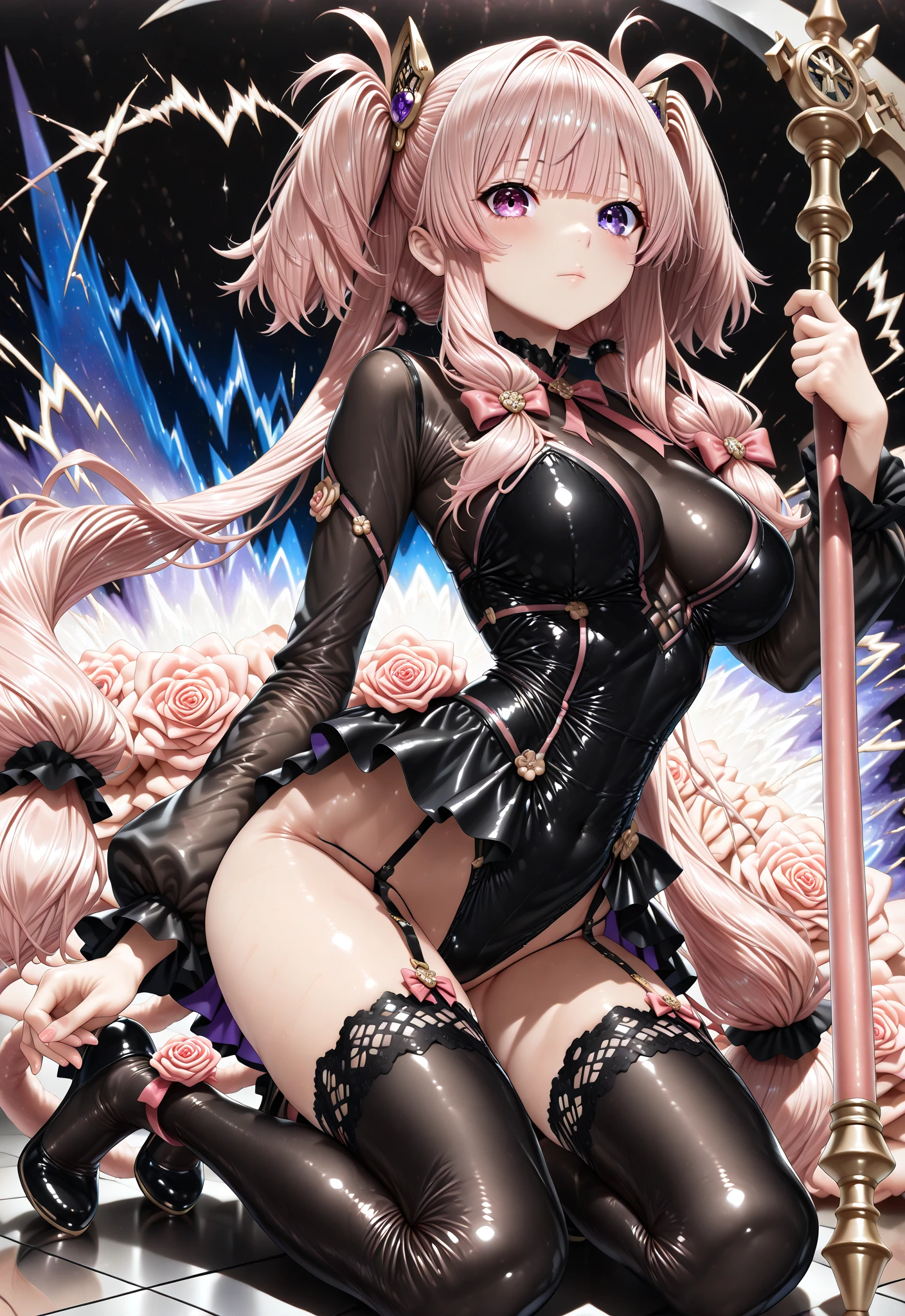 ((tmasterpiece:1.4, Best quality at best))+, (hyper-detailing)+, (exquisite red eye:1.5)+, (Detailed ears:1.5), (cute girls), (White undershirt,black long pants:1.5), Tight black silk, Very long hair, (red flower:1.2), pale-skinned, (red cloth:1.5), (Black Martin boots:1.4), town,There are dead trees around, 耳Nipple Ring, dense fog,drifting snow, delicate legs, blue fluorescent butterfly,(warrior:1.1), (dawn light:1.2), ), (closeup cleavage:1.1), the only person, Hairbell, red tinted hair, hair covering one eye, V-shaped eyebrows, Gloom (Expressing the), from back, from the above, Best quality at best, A high resolution, high detal, high high quality, 16k