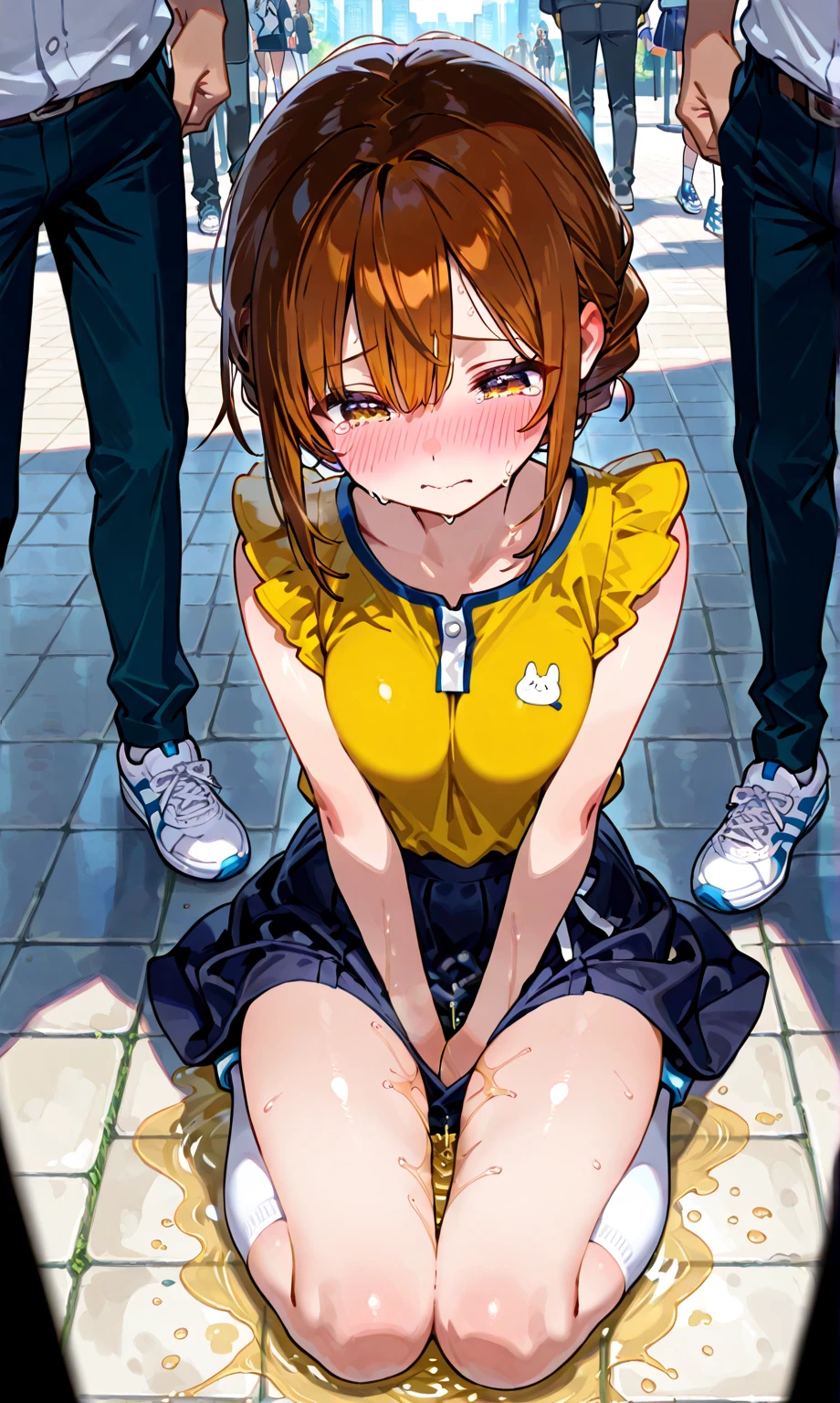 nsfw, (masterpiece), (photo realistic1.4), ultra high res, best quality, 8k official art,figure,very detailed,anime color,perfect hands, perfect fingers, perfect legs),(cowboy shot,From front), 1 girl, idol master,(haru yuuki),12yo,(orange hair), (midium long hair),(straight hair), (baseball cap),((purple eyes)),shiny hair, shining eyes, delicate line tail face,anime colored,perfect hands, perfect fingers, perfect legs,(cowboy shot,from front),(forehead:1.2),1woman,solo,idolmaster,haru yuuki) ,(14years old, beautiful girl), (beautiful eyes),(((beautiful orange hair))), (((midium long straight hair))), (wet hair), (wet skin), ((Sweat)), ((vapor)), (small height),((petite)), (flat chest,very small breast),(many sweat:1.5),(pubic orange hair:1.3),(from below), (pussy focus), ((spread leg)),(straddling),(spread pussy 1.5),(love juice:1.2),(many sweat:1.5),(pubic orange hair:1.4),(bottomless:1.5),(complete nude:1.5),(sports cap),(open your mouth), ((a big smile)), ((out tongue)),(Nice touch), (one eye closed),((feel good)), ((happy)),(saliva),(sitting on bench), (soccer stadium),(cum on body:1.9),(cum on face:1.3),((cum in hair:1.3),(cum on mouths:1.2), (((multiple boys, peeing on a girl, multiple penises, gangbang, holding penis))),((ecstasy torogao:1.5)), saliva trail, nose blush,pleasure vaginal penis,grin),BREAK,(1boy, hetero:1.3), ((vaginal sex,cowgirl,pov)),(cum shot:1.3),(((bukkake:1.2))),(one eye closed)),(((looking at viewer),),(peace sign:1.3),