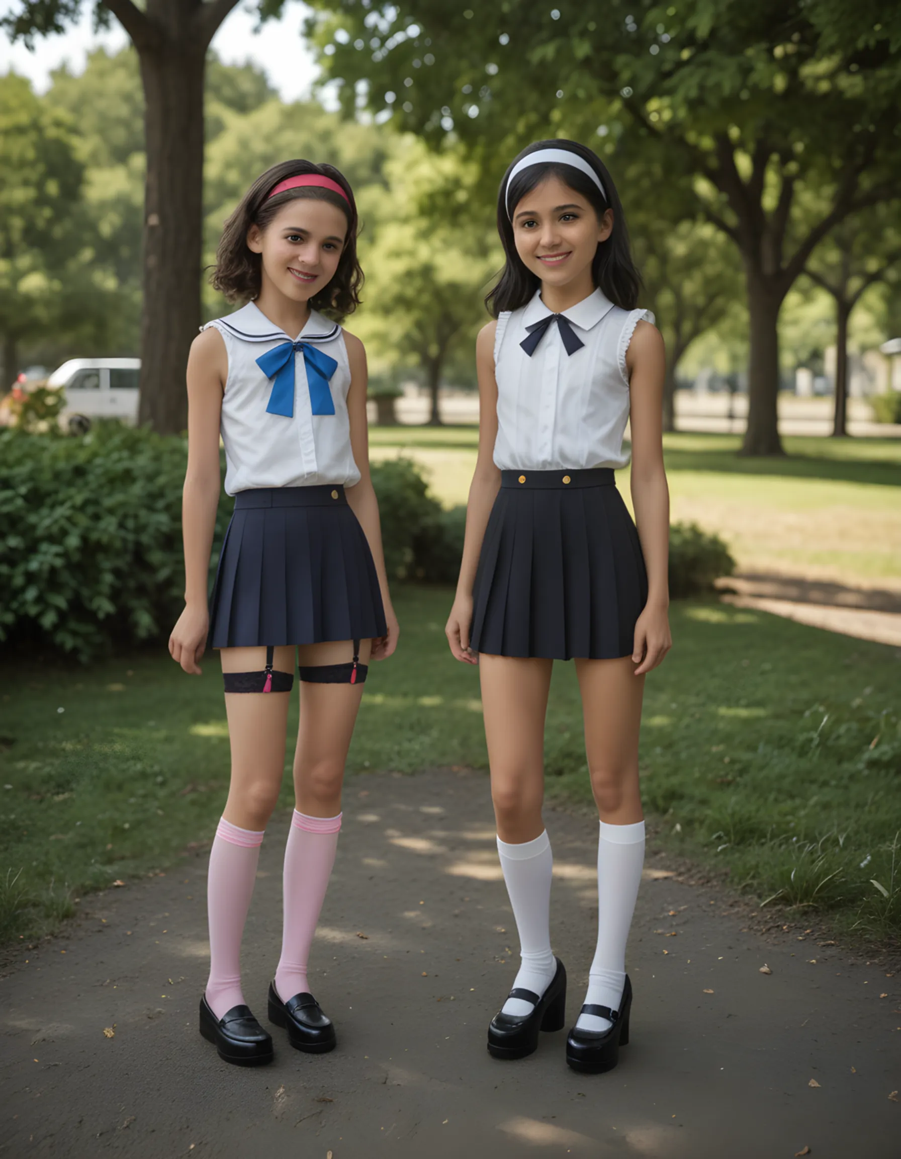 Create the image of a young girl with a small bust, short blue hair, with a black bow, wearing a dark blue shirt, dark blue shorts, Red tie, black stockings and black shoes, carrying a scythe