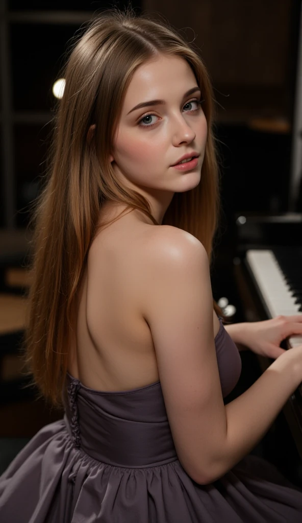 Photography full body, of a very beautiful realistic girl, hole body, at the piano, wear a sweater, porcelain skin, very light skin, very pale skin, redhead, wavy, pony tail, Detail of skin structure, hazel eyes, Slit eyes, small-nose, small nostril, think of arched eyebrows, thick lower lip, seductive glance, happy face, unique face, foto realista, Masterpiece Image, sharp image, clear daylight