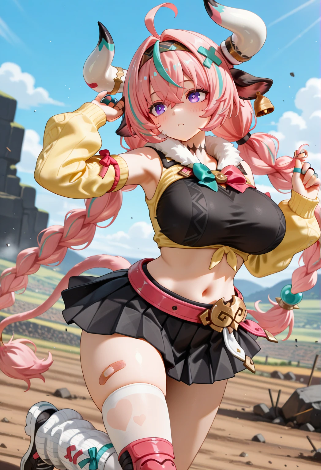 blue hair demon girl, small girl, one girl, maid dress, gold crown on her head, face on camera, tight shirt, show large chest, dark isekai, shy girl, pitiful face, face forward to camera, asking pose, pink cheeks, half body, body on iron chain, smile, amber eyes, no nails, pink blushes, lying on grass, very big breast, cleavage, sweat breast, leg_up, anime style 4 k, extremely detailed artgerm, demon anime girl, shiny skin, sweat, sweat body, neck collar iron chain, make sure wearing pants, crown, demon horn, maid costume