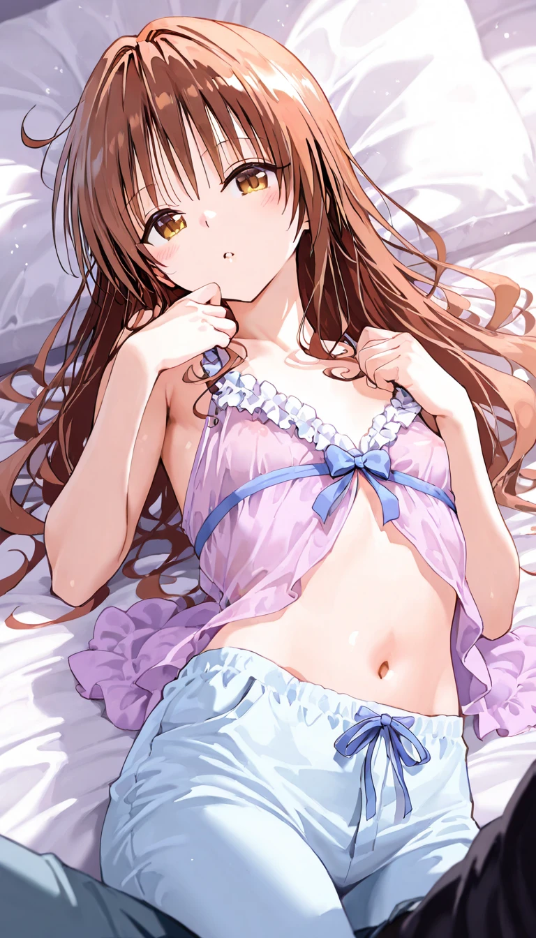 beautiful illustrations, highest quality, pretty girl, 1girl, Bedroom, pastel colour, (two-separated lingerie), reddish brown long hair, headband, cute lingerie, bright lighting