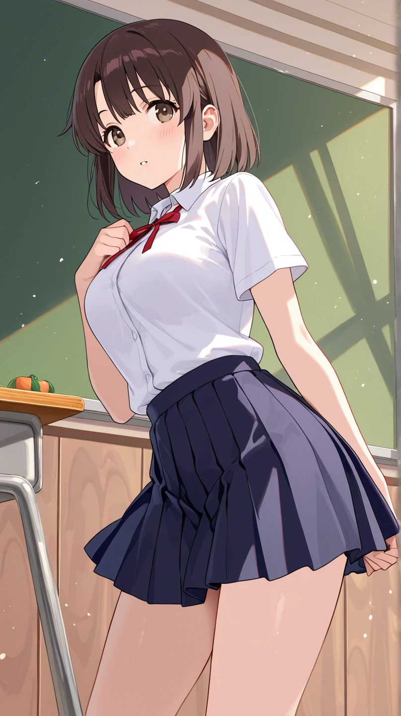 (((masterpiece, highest quality, High resolution, 超High resolution, Perfect Pixel, Depth of written boundary, 4K, RTTX 10.0))), Beautiful Anime Woman, Beautiful art style, Anime characters, ((Smooth texture, Realistic texture, Anime CG Style)), Exact finger count、Exact number of legs、(Exact number of arms:1.0, Exact number of hands:1.0), (Perfect hands, Perfect Anatomy), Cinematic, Realistic, Extremely detailed CG, Daytime lighting, Perfect lighting, Best Shadow, The best natural light, whole body, Perfectly balanced style, A perfectly balanced body, (Slender body:1.1), whole body, ((bangs, Dark brown hair, Stylish and cute bob cut)), ((A cute woman is standing and showing off her panties in her hands:1.3)), (Fashionable white shirt, Sailor collar, Knee-high socks, loafers, Navy pleated mini skirt:1.3), ((Sexy and cute panties, (Stylish shiny satin pink panties:1.2), Lace panties:1):1.3), (beautiful and very large breasts:1.2), (Feeling embarrassed, (blush:1.2), (Embarrassed expression:1.5), (In the school classroom:1.5), Angle from the front, holding panties, presenting panties
