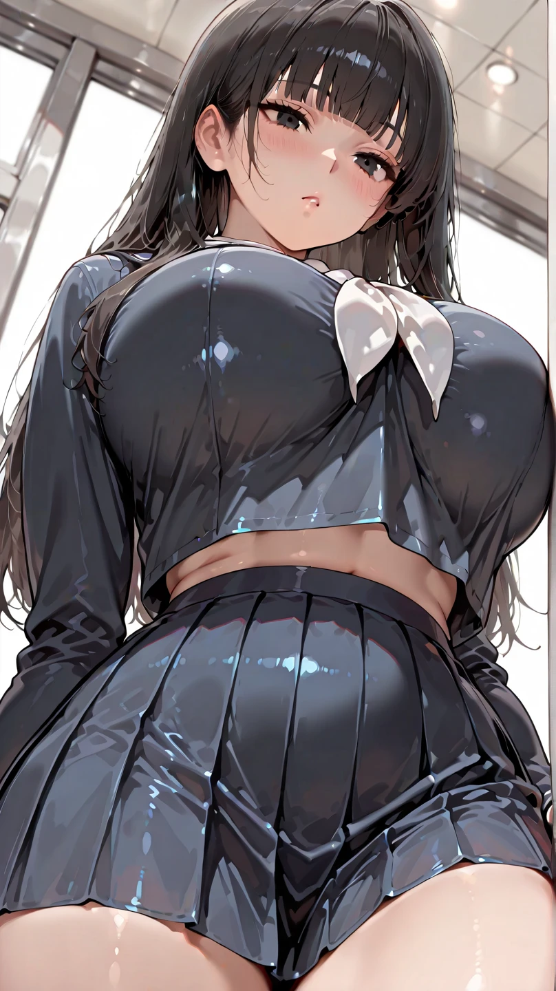 1 female,black hair,25 years old,(((blue shiny micro tight skirt)))((white tank top))(((blush、open mouth smile)),(((straight hair))),(((portrait))),crowd,,(wet with sweat)((sexy black bra and see-through tank top))(leather thigh high boots)(((big breasts)))