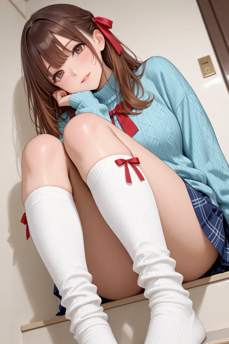 Brown long-haired。Brown eyes。 I'm at home。Sitting down。Showing feet。Hands at sides。Looking forward。wearing thigh highs。wearing Light blue clothes。 flirty