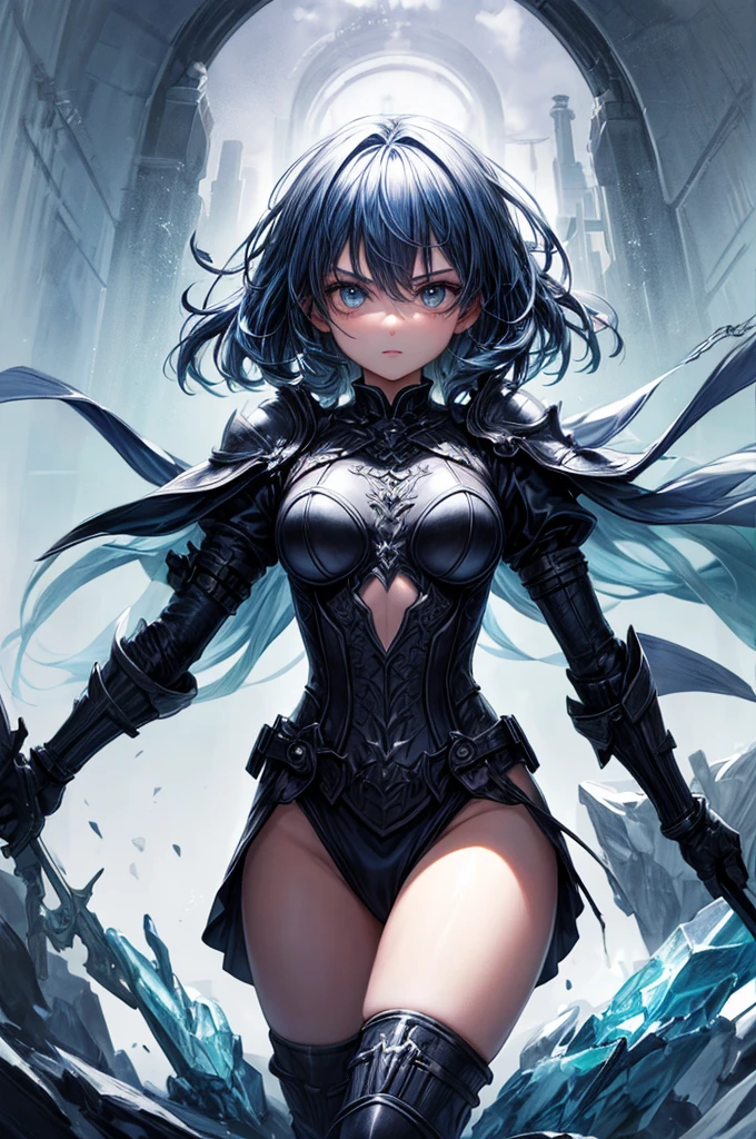 a beautiful young girl with blue eyes and black hair, corrupted and destroyed body, dark fantasy, detailed face, detailed eyes, detailed lips, extremely detailed, high quality, 8k, realistic, detailed skin, detailed clothing, complex background, dramatic lighting, moody atmosphere, dramatic pose, dark color palette, chiaroscuro lighting, cinematic composition