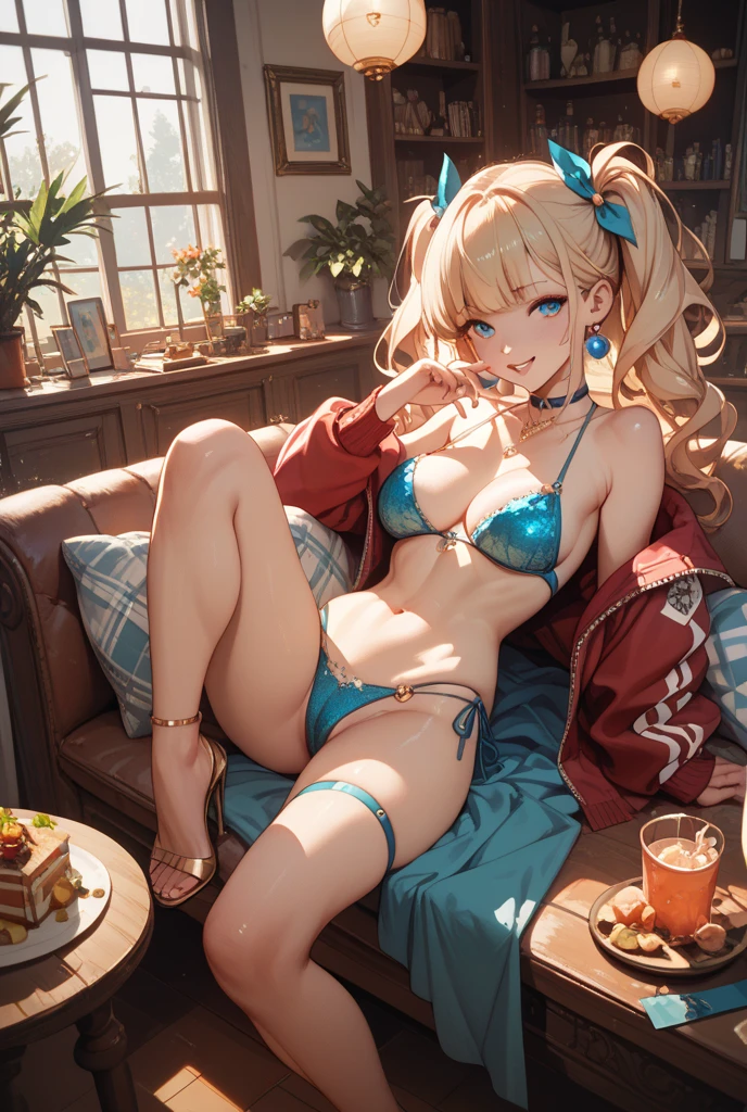 128k Bluray Extreme UHD 4K high quality image of anime At a beautiful summer resort, a woman is reclining on a sunbed. She is wearing headphones and listening to music, dressed in a Beach robes cardigan. She looks at me with a radiant smile