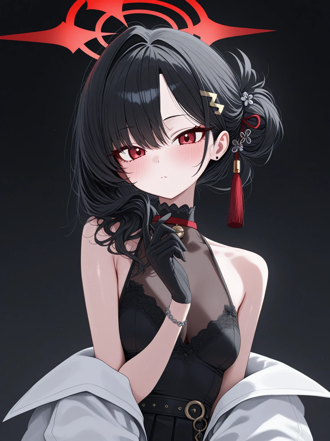 NSFW, masterpiece, standing insanely hot (woman 1) using sexy ((bunny suit)), (((cute pose)), (thin thigths), (fear expression), blushed face, red eyes,  black hair, very small boobs, hair tied with a red ribon, ((((no bangs))))