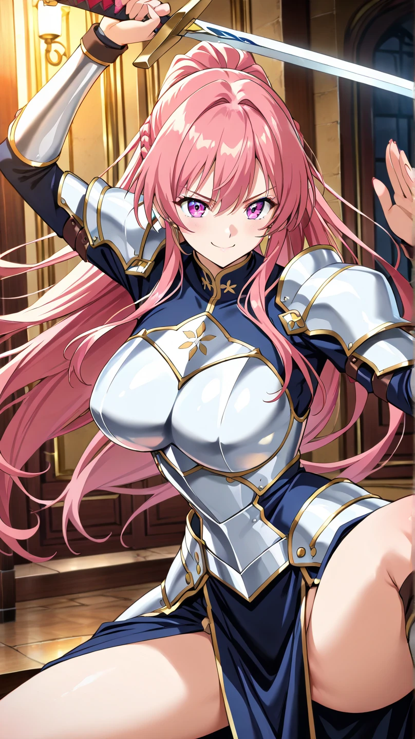 ((Highest quality)), ((masterpiece)), (detailed), (Perfect Face)、The woman is Princess Leona, a Sentai heroine with long light brown hair and a shiny pink bodysuit.