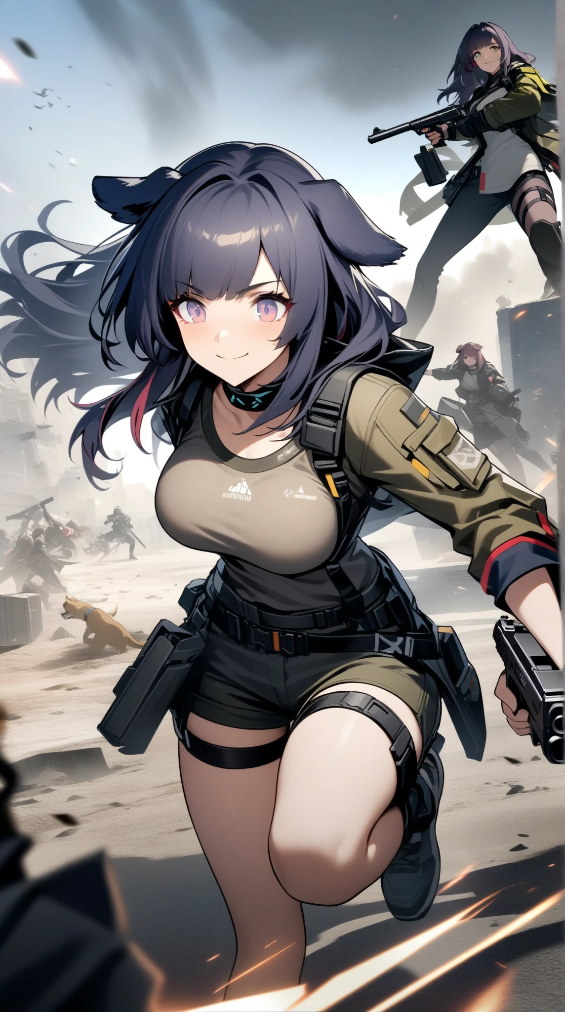 ((purple haired woman)), ((long legs)), ((black jeans and a short white top)), ((big breasts)), ((aiming a machine gun)), ((brown boots)), ((crouching))