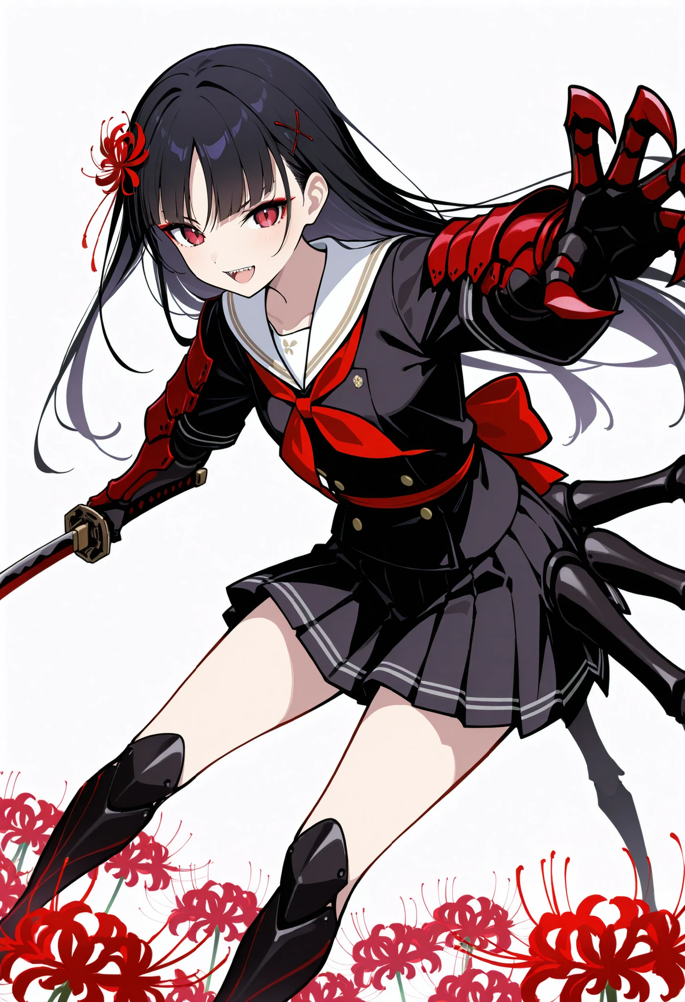 Arachne Girl. Black hair. Straight bangs. Long hair. Red spider lily hair accessory. White Japanese school uniform. Black Japanese kimono jacket. Black spider legs. Armored arms. Sharp claws. Weapon held: Sword.