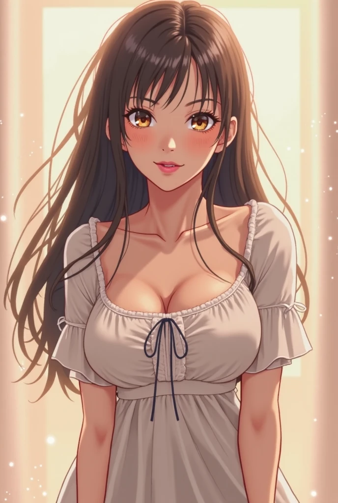 A cute anime girl with long hair, cute cheeks cute face, bigger chest, light brown hair amber eyes bigger chest boobs,O cups