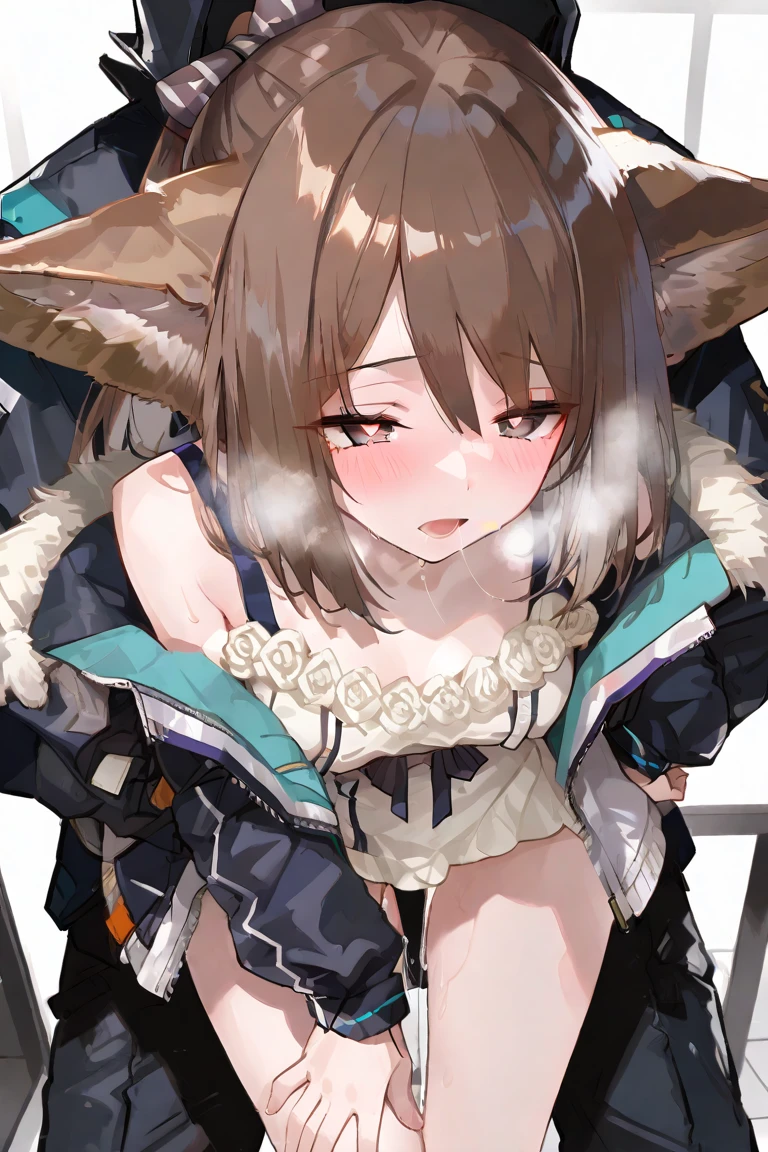 anthro female dog,short jeans,long Curly hair,eyes with brightness,in a panoramic view,focal point。Detailed background enhancement(0.7),solo,Furry fortification,Furry female,female focus,anthr,Fluffy tail all over,eGreen eyes,Yellow-fur,Long brown hair,The fur has white stripes on it,Small and cute strengthened,Long canids strengthened(1.2),interiors、the night、pays(1.1)。