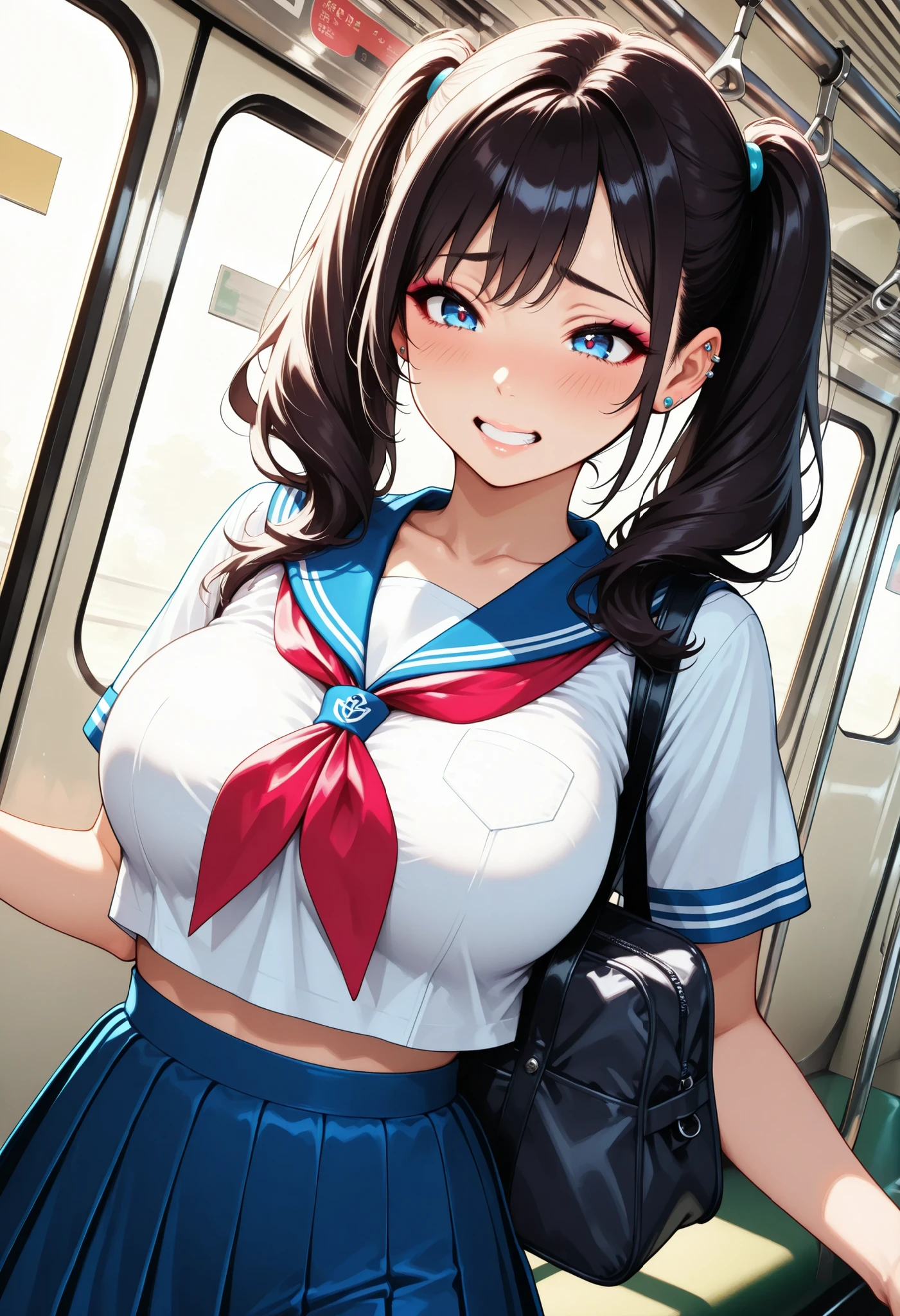 Highest image quality、Sailor Mars、beautiful feet、((slender))、miniskirt、train、sitting in a box seat、Composition looking down from above、((big breasts))、((The nipple protrusions push up the uniform))、cropped tops、You can see her cleavage while wearing the uniform、short sleeve、barefoot、((Wearing mules))、
