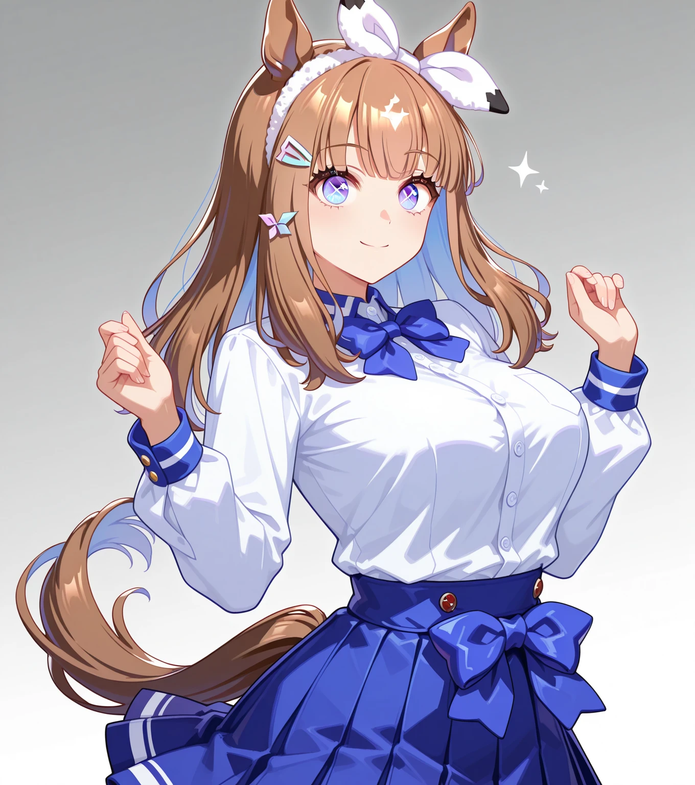 masterpiece, best quality, highres, 1girl, daiwa scarlet (umamusume), horse ears, long hair, twintails, tiara, horse tail, very long hair, brown hair, long sleeves, super gigantic huge breasts, Whipped thighs,Trasen School costume, white thighhig, White skirt, sailor shirt,Sailor collar, Purple shirt, a miniskirt,bangs,fang, red eyes, hair,between eyes, hair bow, smile,standing,short stature,very near,lascivious,Females in heat,lecherous look,SFW,