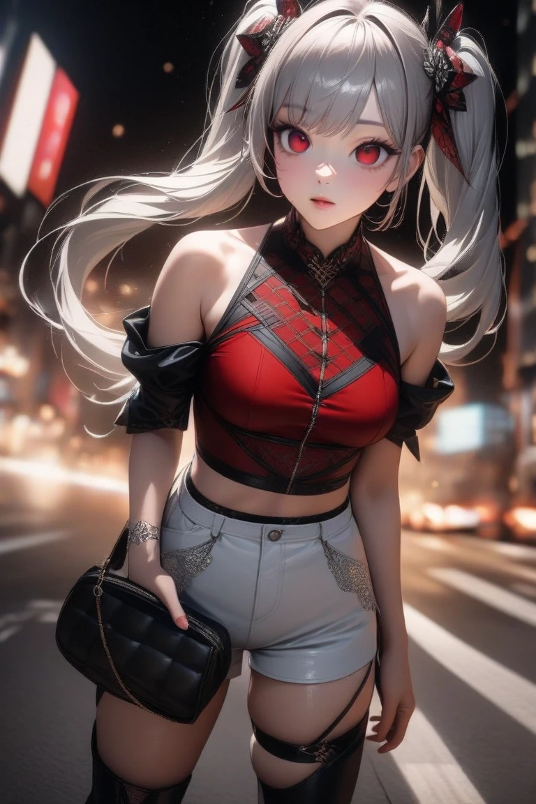 highest quality、Realistic、girl、Japanese、zoom、look up、cute、Pouting、Red eyes、Platinum Blonde Hair、Long twin tails、黒い sleeveless hoodie、mini skirt、slender、Small breasts、up
