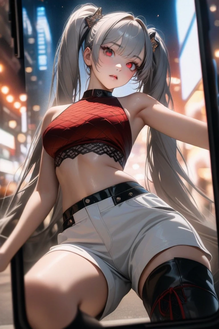 obra de arte, melhor qualidade, HuTaoV4, 1 garota, Sozinho, corar, twintails, Cabelo longo, cabelo entre os olhos, ((roupas de rua)), cidade, ao ar livre, noite, Movie poster, 8K extremamente detalhado, suave, high resolution, ultra qualidade, cinematic lighting, Ambient Occlusion, High definition, 2k, 4K, 8k, 16K, anime extremamente detalhado, rostos detalhados, perfect composition, plano amplo, Atmospheric lighting, muito sexy, saia elevadora, random lumbar angle, sem censura, NSFW, sem censura