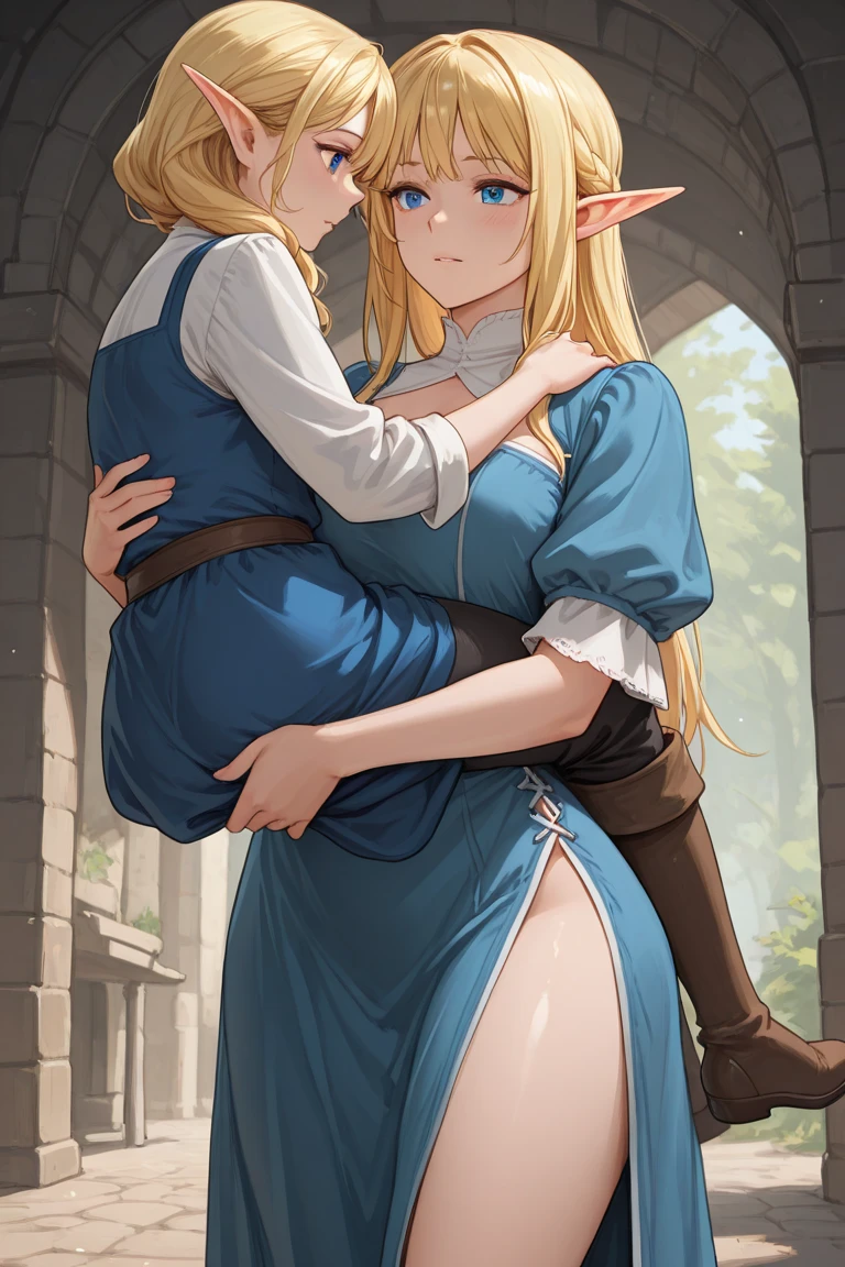(miniature woman standing below a giantess girl: 1.3), (miniature woman standing close to the breasts and face of a giantess: 1.1), (miniature woman hiding from a giantess looking down on them), closeup breasts and face, (from below view: 1.2), (small breasts), (indoors: 1.1), (2girls: 1.5), (height difference: 1.9), (size difference: 1.3), (mature adult woman: 1.3), (yuri: 1.2), (fantasy: 1.1), (mage), (miniature woman hiding behind a wall: 1.1)
