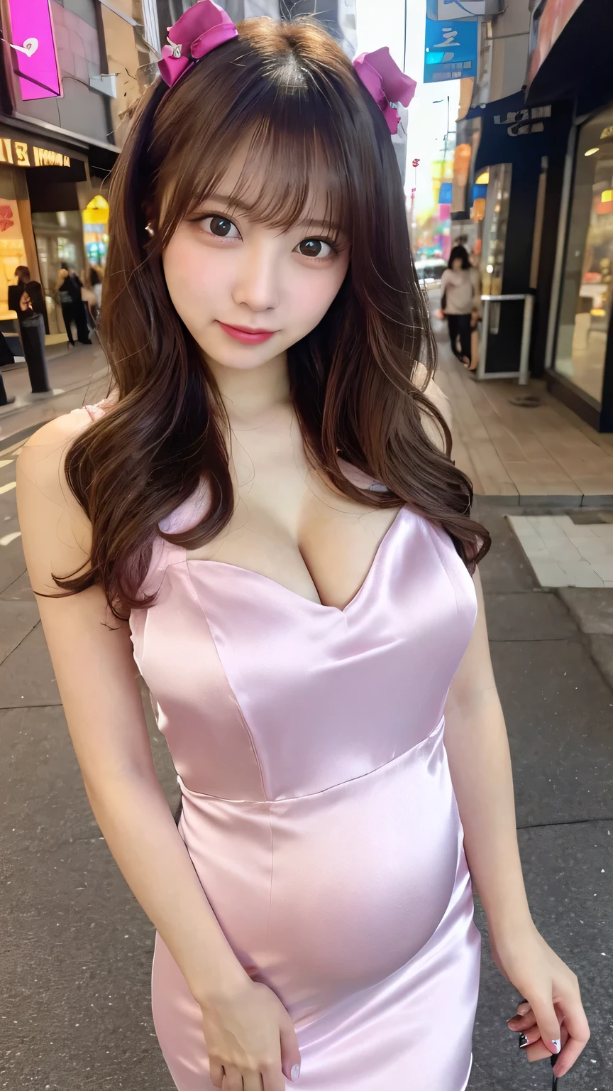 ​masterpiece、top-quality、higher rank、1girl in、asian human、Beautiful expression，Overall、Colossal tits、The background is the city at night、Wearing a sexy dress