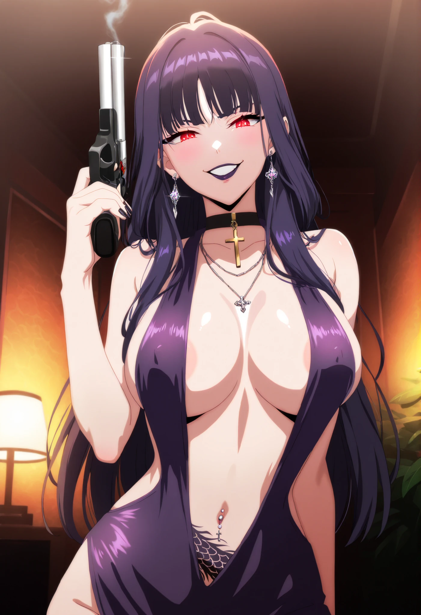 masterpiece,best quality,highres, absurdres,
caldmellia, , black hair, purple hair, long hair, parted lips, purple lips,, black lips
, bangs
1girl, long hair, dark purple hair, , dark red eyes, , long hair, , lipstick,Hot girl, baddie, smoking, sensual, attractive ,cross necklace, choker, indoors, city lights, masterpiece, best quality, highly detailed, a girls in long dress with navel cutout posing for a picture, evil
smile, smile, open mouth, (nsfw) not safe for work, revealing dress, beautiful dress center opening ,
long dress with bellybutton showing, official artwork, exposed navel, exposed bellybutton, jewelry,
earrings, complex detailed background, casino environment, fancy
interior environment, rich interior, holding a gun, holding pistol, side slit ,
navel cutout, exposed navel, exposed bellybutton, navel piercing, medium large breast ,looking at viewer , dragon tattoo on waist, narrowed eyes, tattoo on waist, anipai_style , anime screencap , anime coloring, v-shape eyebrows,