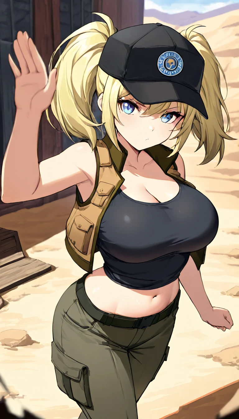 ultra high res, masterpiece, 1girl, solo, IrinaJelaviÄR4, blonde hair, blue eyes, :d, expressive eyes, perfect face, large breast, big breast, small waist, perfect figure, highly detailed, showing cleavage, dressed as lara croft, full body portrait, brown shorts, belt gun holster, teal spandex top, brown hiking boots, brown shorts, dark brown shorts, short shorts, teal top, mid section exposed, long_hair, navel, open_mouth, holding aiming two pistols in both hands, aiming the guns at the viewer, smile, solo, (Background: Indoors, concrete hallways, inside of a bunker, pipes in the surroundings)
