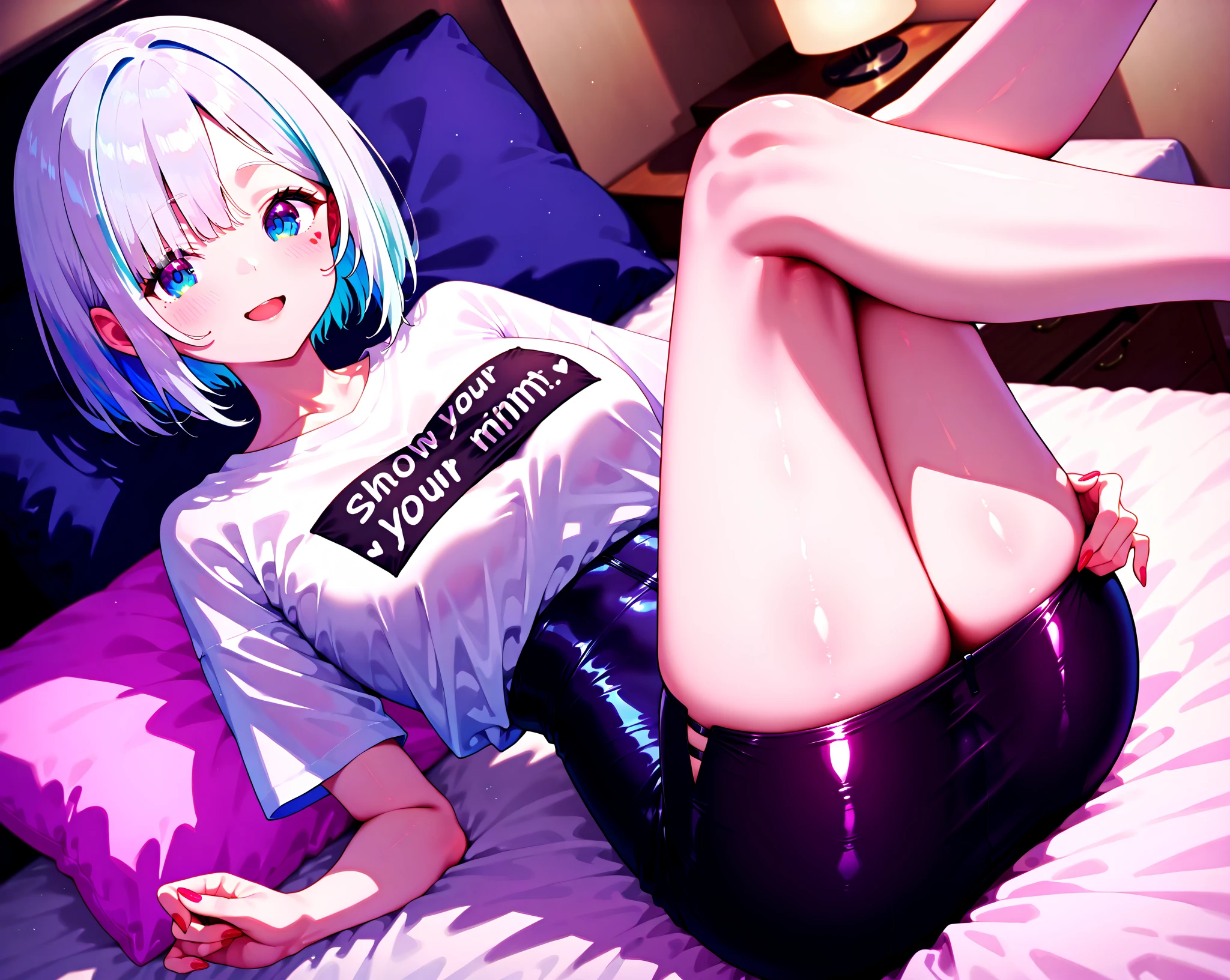 mature woman, (mature face, hot face), nasty expression, raven hairstyle, (white hair color, black gradient hair color), (sharp eyes), black pupils, glossy lips, voluptuous body, big breasts, big ass, casual clothes, oversized t-shirt, hot pants, sitting on sofa, living room, side view, tongue out, drooling, middle finger